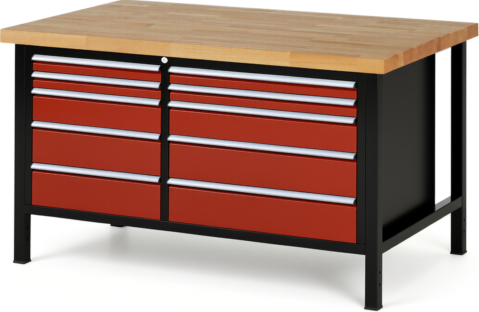 RAU Werkbank schwarz - rot - Breite 150 cm - Tiefe 90 cm - Höhe 104 cm - Buche-Massiv Arbeitsplatte 40 mm