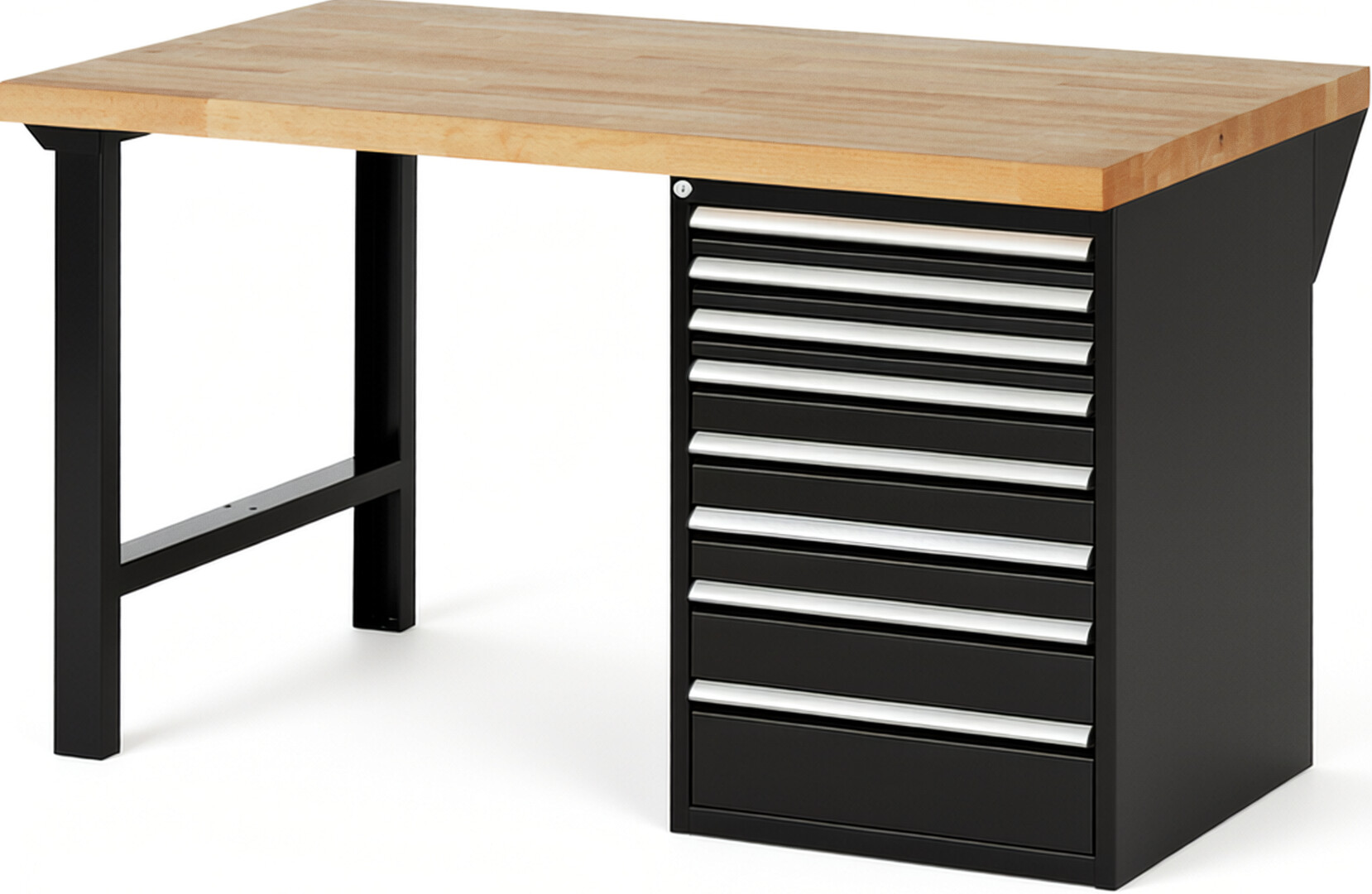 RAU Werkbank schwarz - Breite 150 cm - Tiefe 90 cm - Höhe 84 cm - Buche-Massiv Arbeitsplatte 40 mm