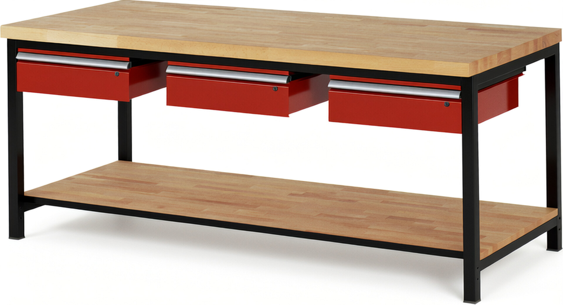 RAU Werkbank schwarz - rot - Breite 200 cm - Tiefe 90 cm - Höhe 104 cm - Buche-Massiv Arbeitsplatte 40 mm