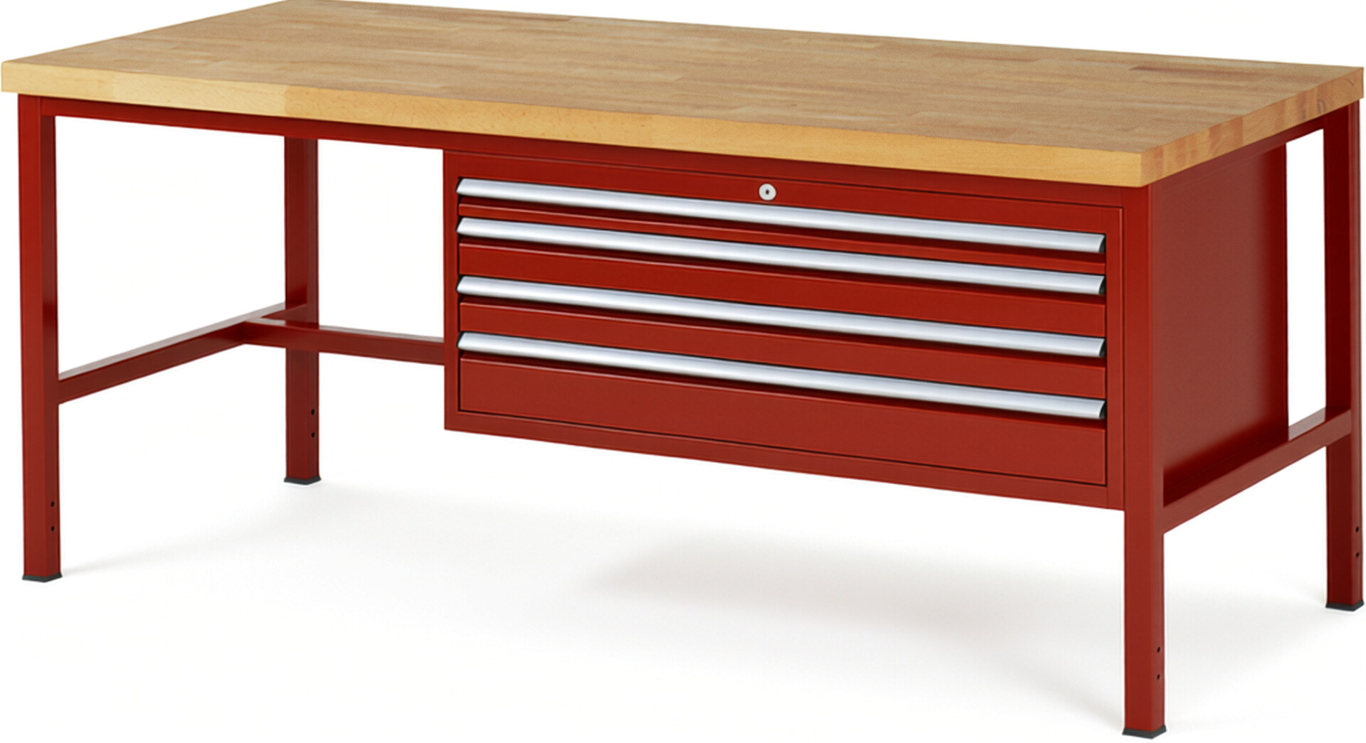 Werkbank Modell 8332 rot, BxTxH 2000x900x840 mm,  Buche-Massiv Arbeitsplatte 40 mm,  4 Schubladen mit  Auszug 90 %