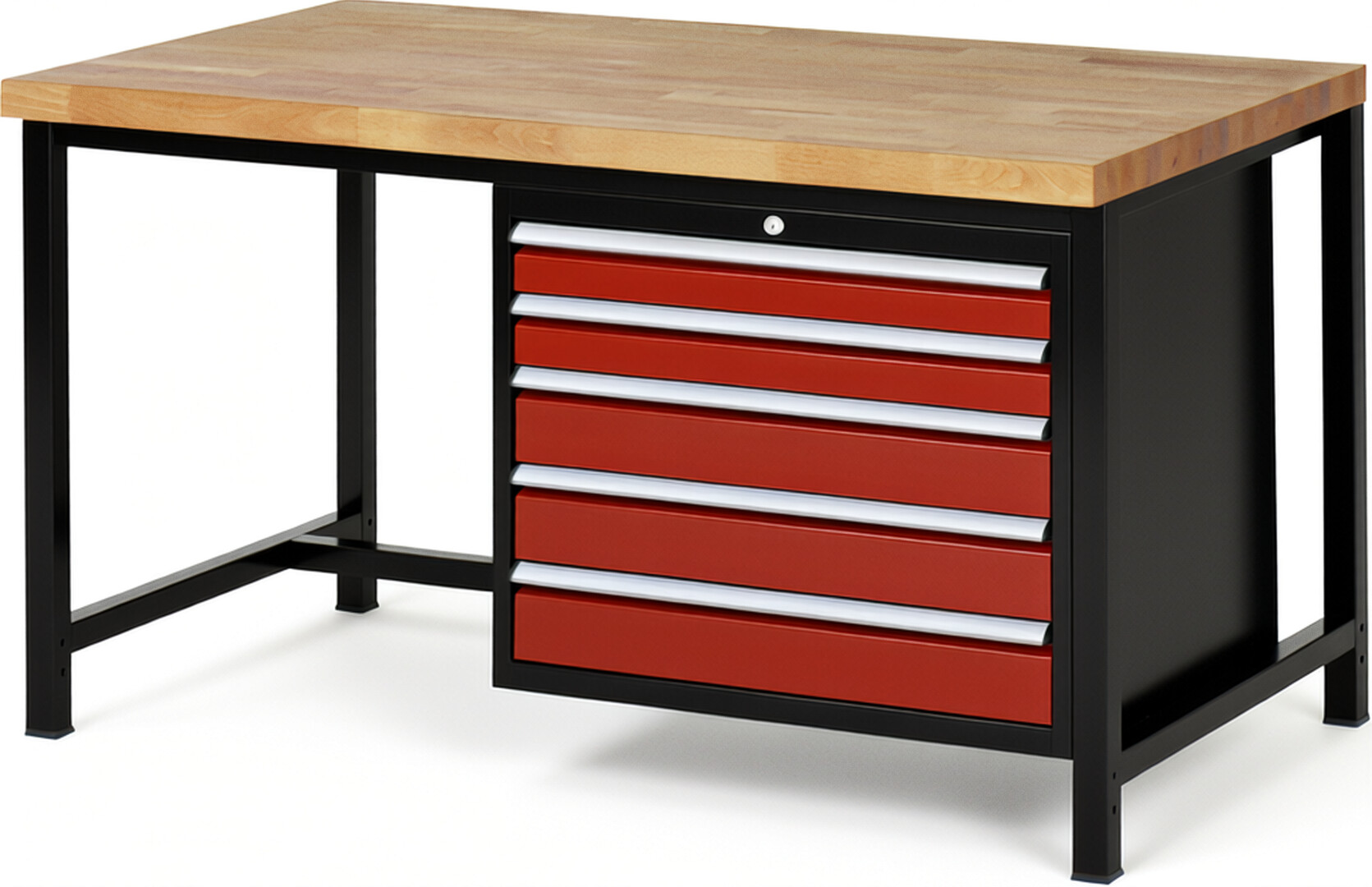 RAU Werkbank schwarz - rot - Breite 150 cm - Tiefe 90 cm - Höhe 84 cm - Buche-Massiv Arbeitsplatte 40 mm