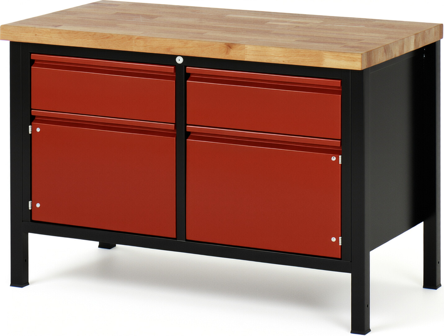 Werkbank schwarz - rot, Breite 125 cm, Tiefe 70 cm, Höhe 104 cm, 2 Schublade(n), Platte: Buche-Massiv-Arbeitsplatte