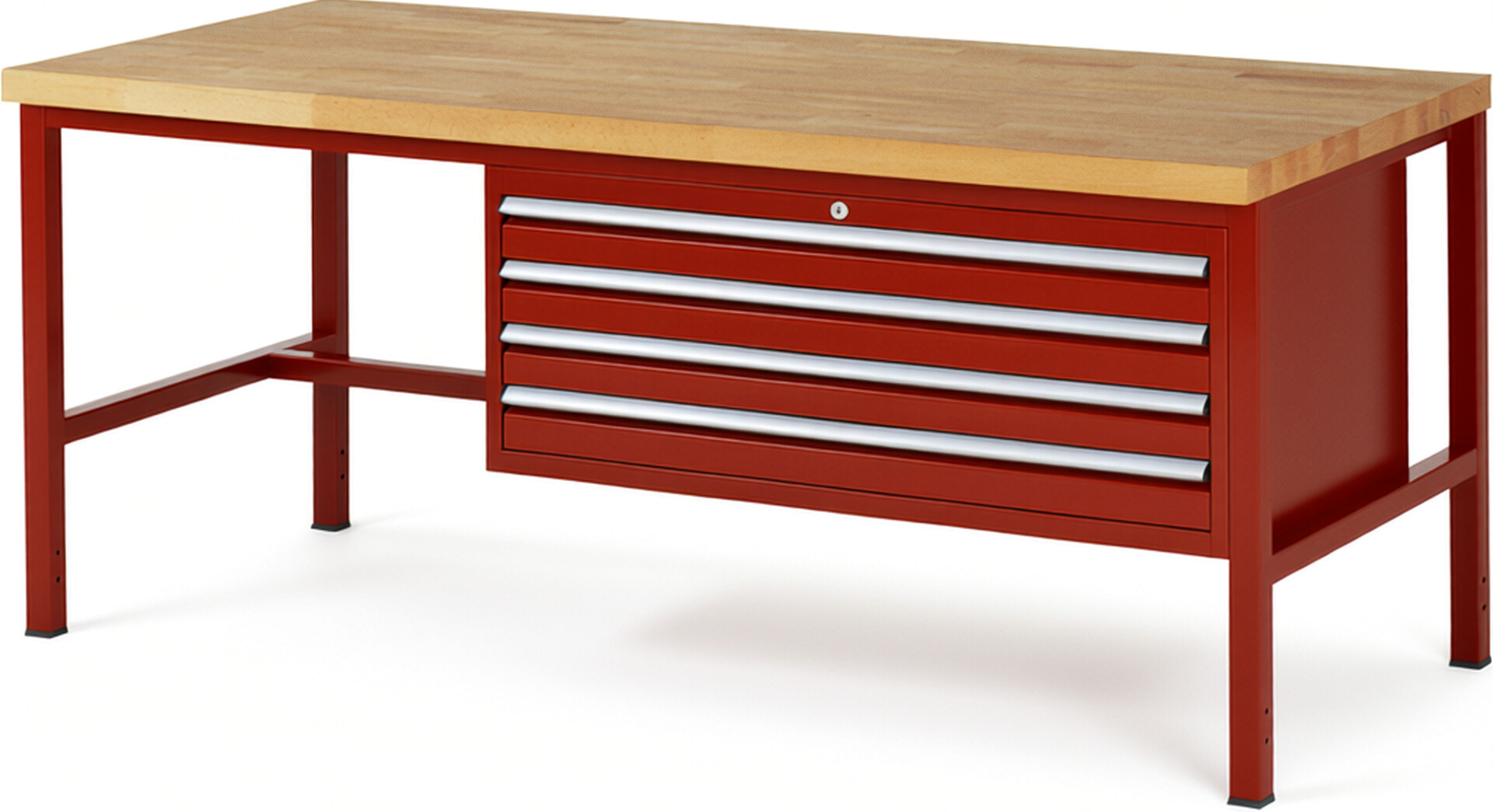 Werkbank Modell 8333 rot, BxTxH 2000x900x840-1040 mm,  Buche-Massiv Arbeitsplatte 40 mm,  4 Schubladen mit  Auszug 90 %