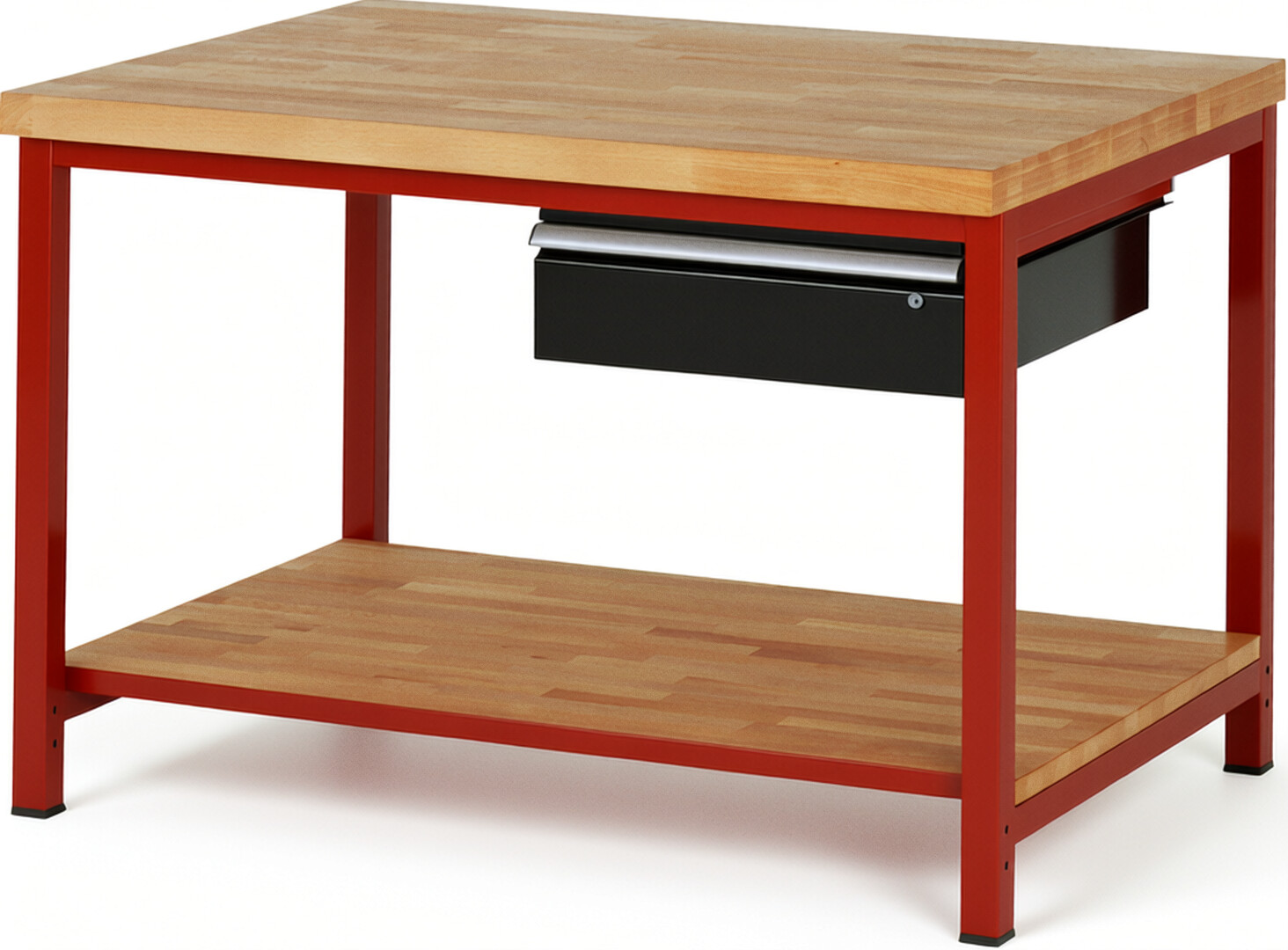 Werkbank Modell 8001 rot - schwarz, BxTxH 1250x900x840-1040 mm,  Buche-Massiv Arbeitsplatte 40 mm,  1 Schublade mit  Auszug 90 %