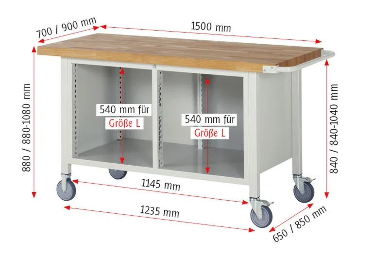 Fahrbare Werkbank Modell 8475 schwarz-rot, BxTxH 1500x900x880-1080 mm,  Buche-Massiv Arbeitsplatte 40 mm,  6 Schubladen mit  Auszug 90 %