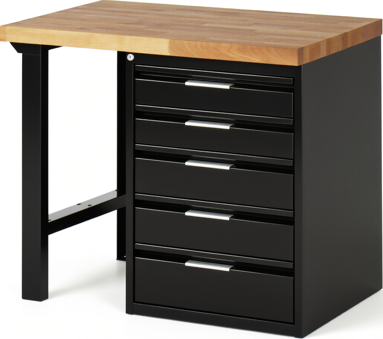 Werkbank schwarz, BxTxH 1000xT700xH890 mm, Platte Buche 40 mm 40 mm, 5 Schubladen: 2x120, 2x150, 1x180 mm, RAL 9011/9011