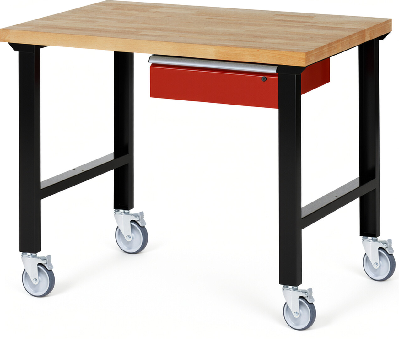 Fahrbare Werkbank Modell 7001 schwarz-rot, BxTxH 1250x900x1000 mm,  Buche-Massiv Arbeitsplatte 40 mm,  1 Schublade mit  Auszug 90 %