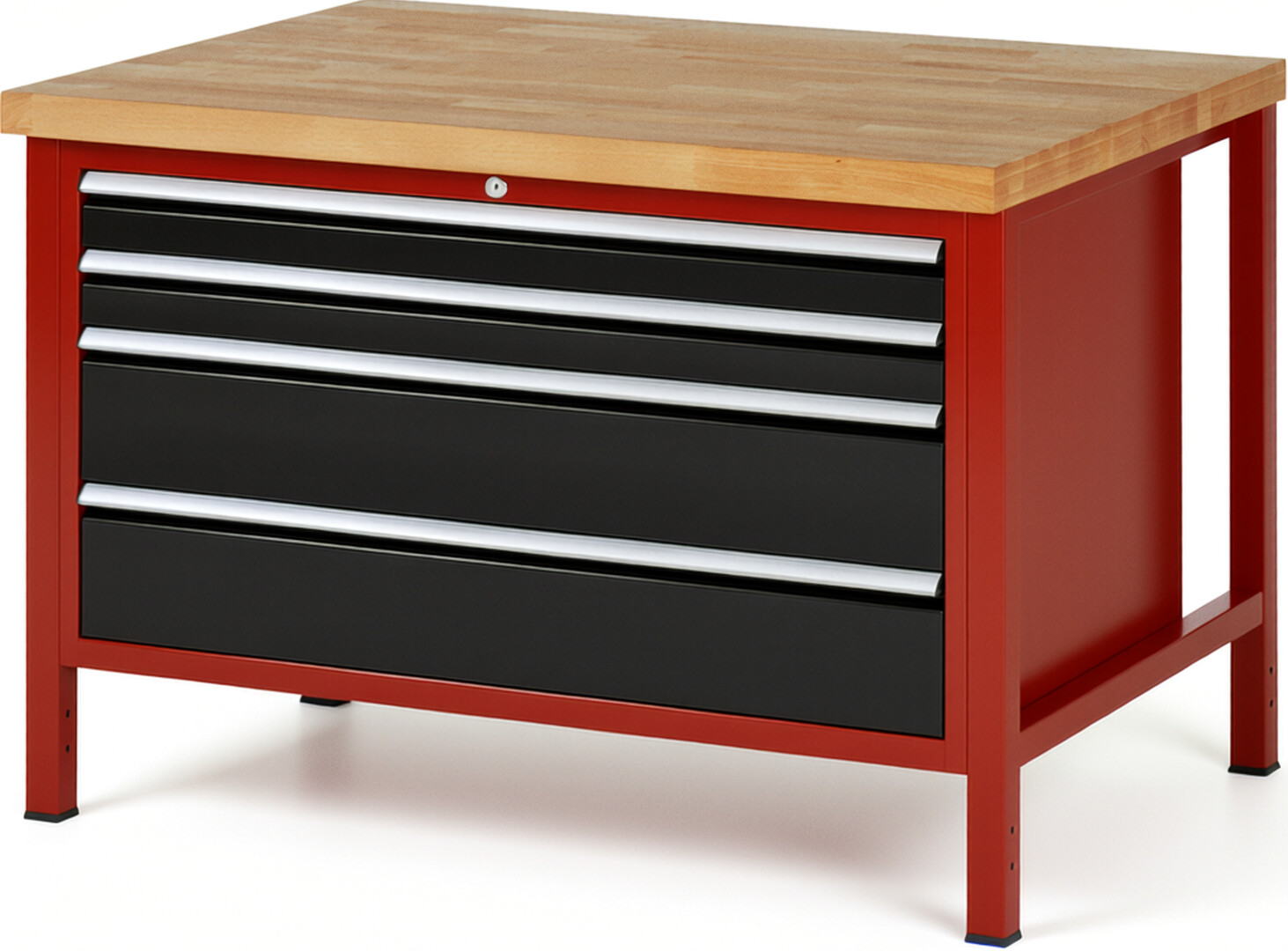 Werkbank Modell 8361 rot - schwarz, BxTxH 1250x900x840-1040 mm,  Buche-Massiv Arbeitsplatte 40 mm,  4 Schubladen mit  Vollauszug 100 % und  SoftClosing