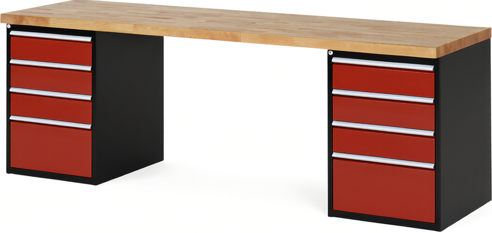 RAU Werkbank schwarz - rot - Breite 250 cm - Tiefe 70 cm - Höhe 89 cm - Buche-Massiv Arbeitsplatte 40 mm