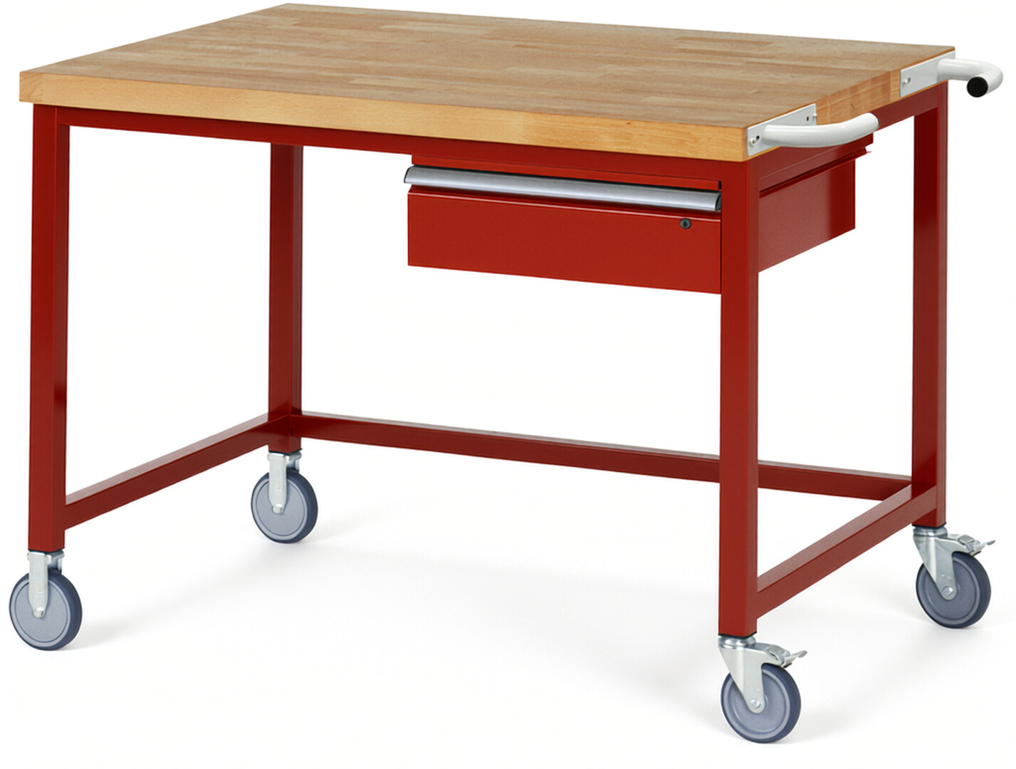 Fahrbare Werkbank Modell 8001 rot, BxTxH 1250x900x880-1080 mm,  Buche-Massiv Arbeitsplatte 40 mm,  1 Schublade mit  Auszug 90 %