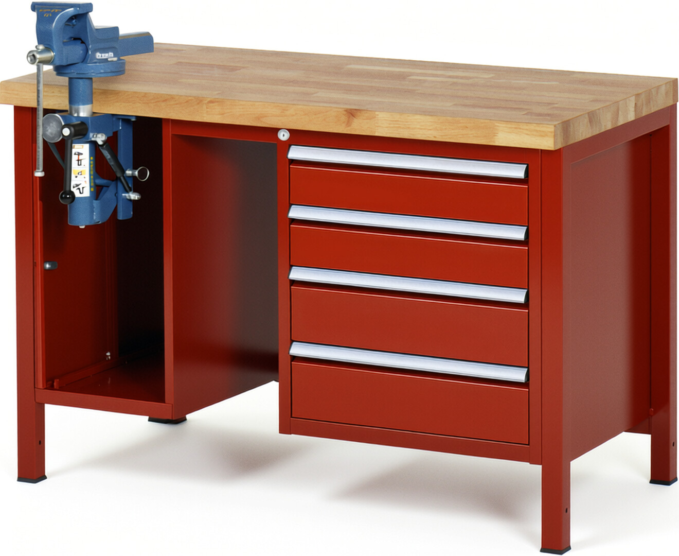 RAU Werkbank rot - Breite 125 cm - Tiefe 70 cm - Höhe 104 cm - Buche-Massiv Arbeitsplatte 40 mm