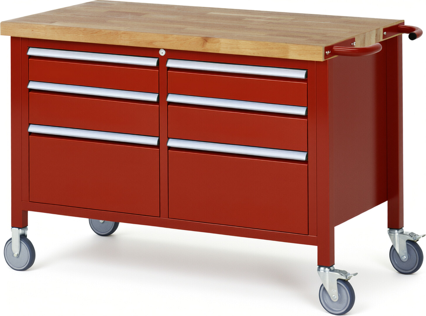 RAU Werkbank rot - Breite 125 cm - Tiefe 70 cm - Höhe 108 cm - Buche-Massiv Arbeitsplatte 40 mm