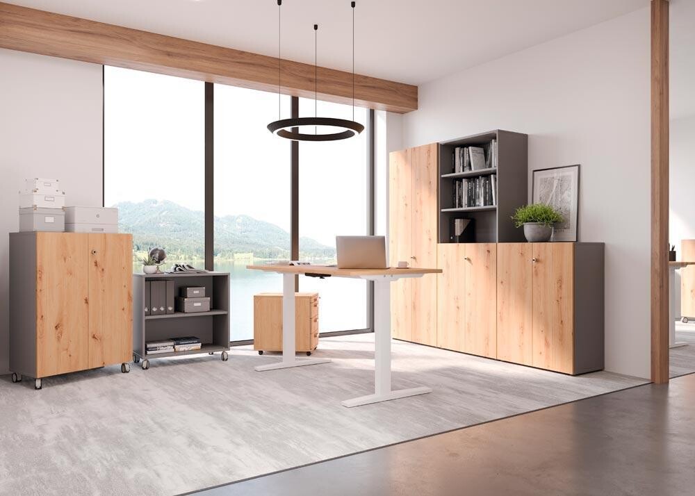 Schreibtisch, elektrisch höhenverstellbar, BxTxH 1600x800x700-1200 mm, C-Fuß in graphit, Platte asteiche