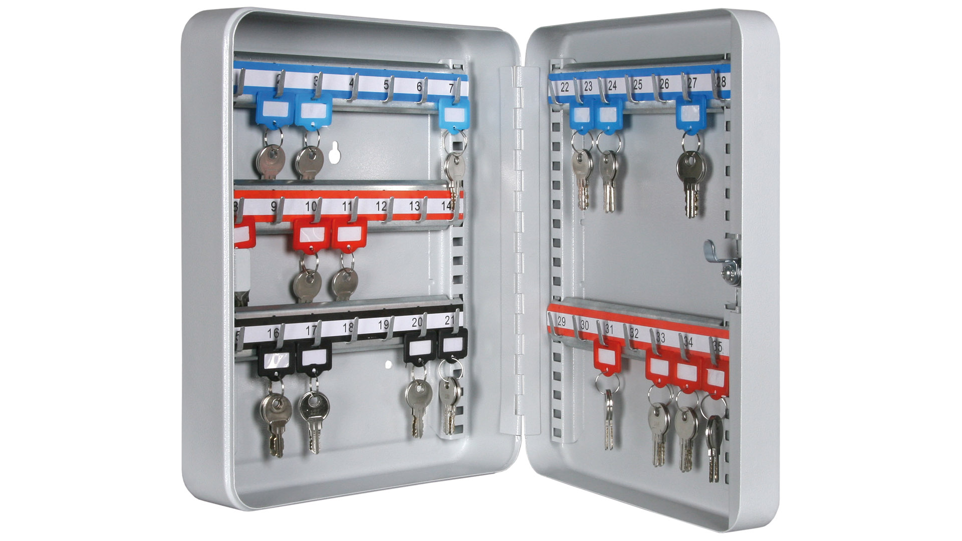 Schlüsselkassetten, Stahlblech, Raster-Hakenleisten, 50 Haken, Zylinderschloss, BxTxH 320x90x230 mm