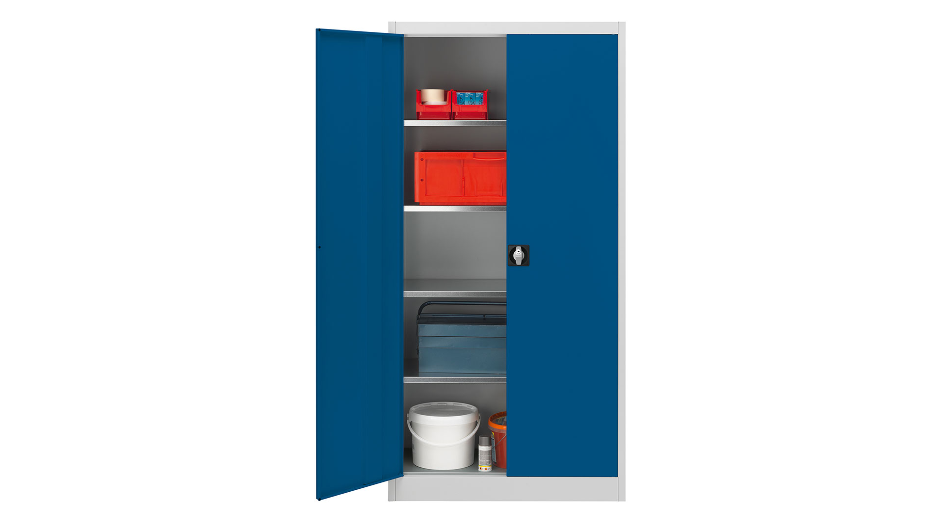 Flügeltürenschrank, 4 verzinkte Fachböden,  Fachböden,BxTxH 950x420x1950 mm, RAL7035 /5010