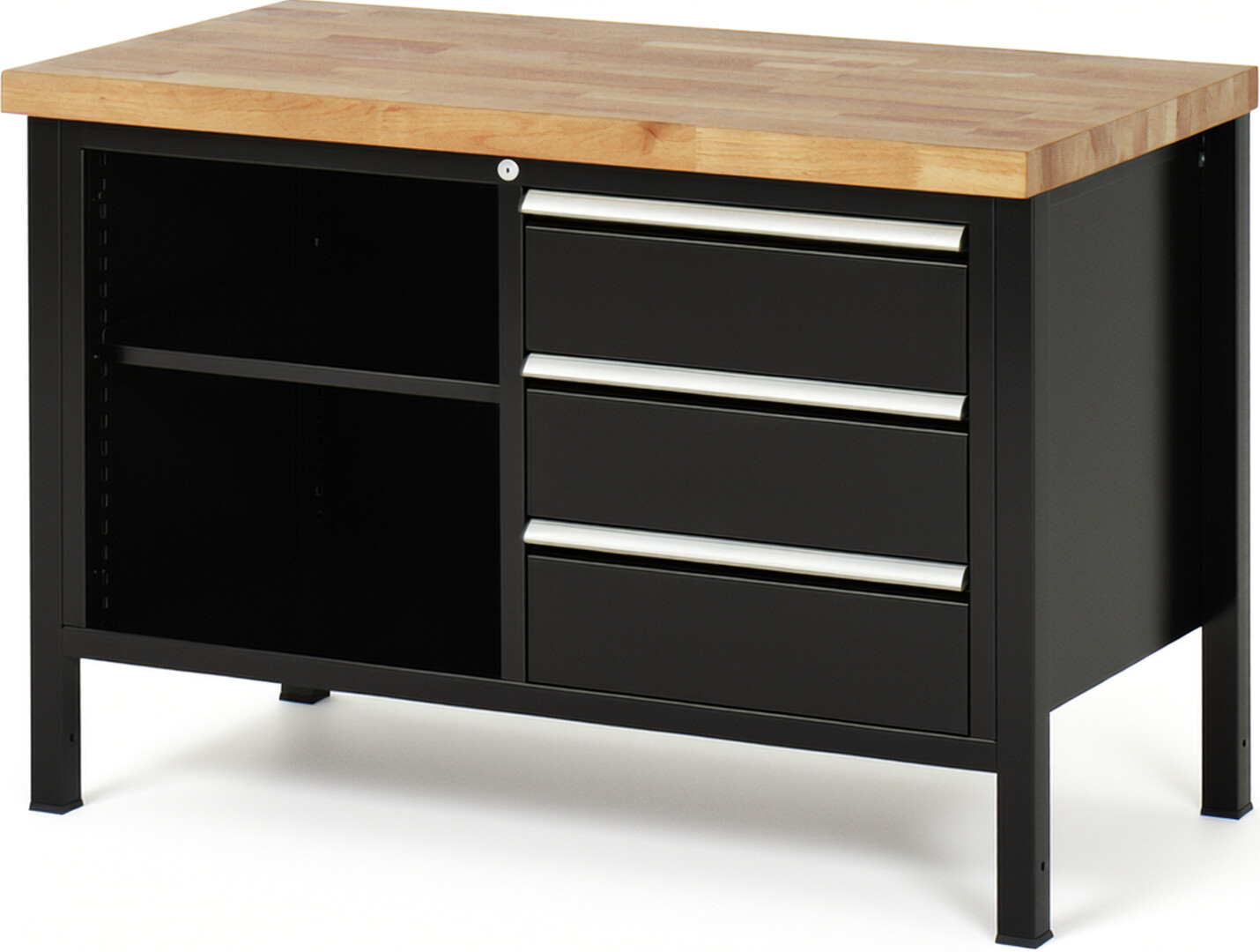 Werkbank Modell 8462 schwarz, BxTxH 1250x700x840 mm,  Buche-Massiv Arbeitsplatte 40 mm,  3 Schubladen mit  Auszug 90 %