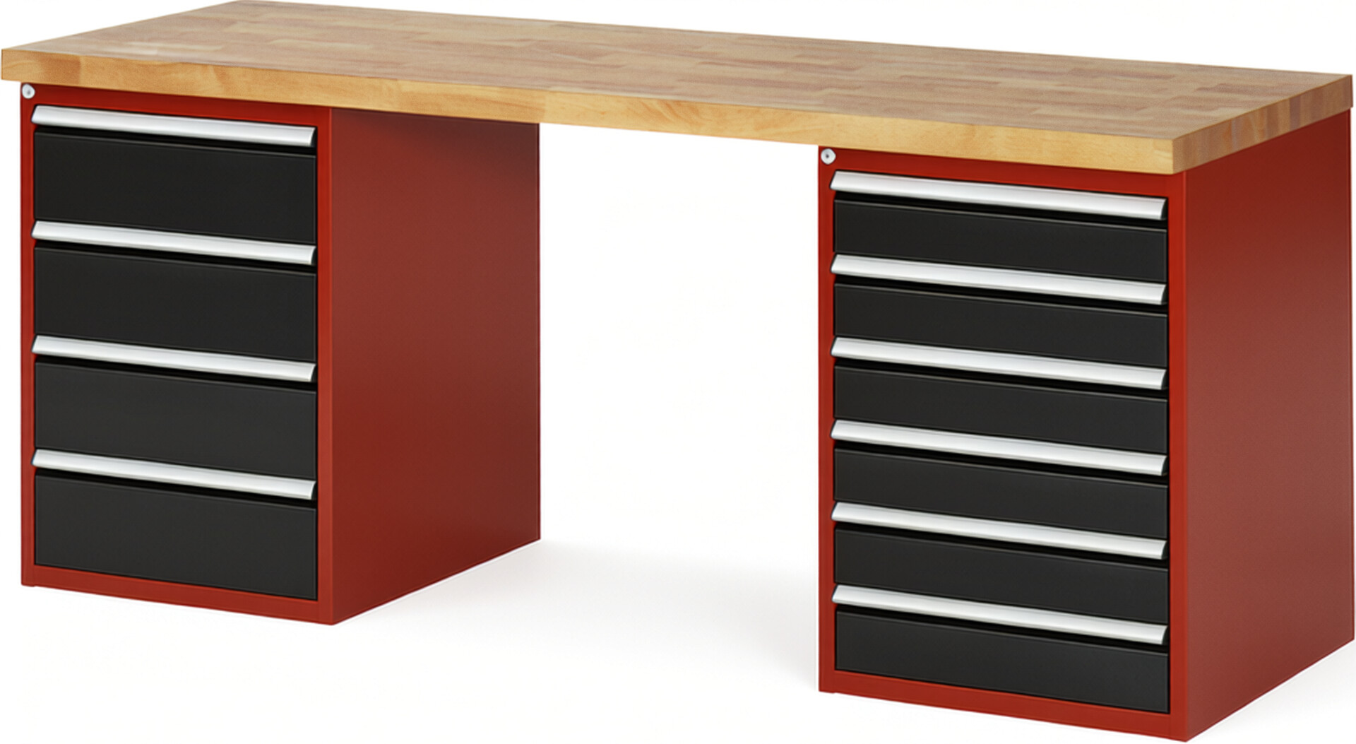 Werkbank Modell 7821 rot - schwarz, BxTxH 2000x700x890 mm,  Buche-Massiv Arbeitsplatte 40 mm,  10 Schubladen mit  Vollauszug 100 % und  SoftClosing