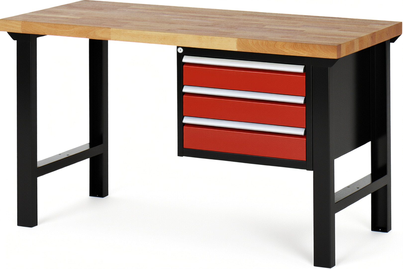 RAU Werkbank schwarz - rot - Breite 150 cm - Tiefe 70 cm - Höhe 84 cm - Buche-Massiv Arbeitsplatte 40 mm