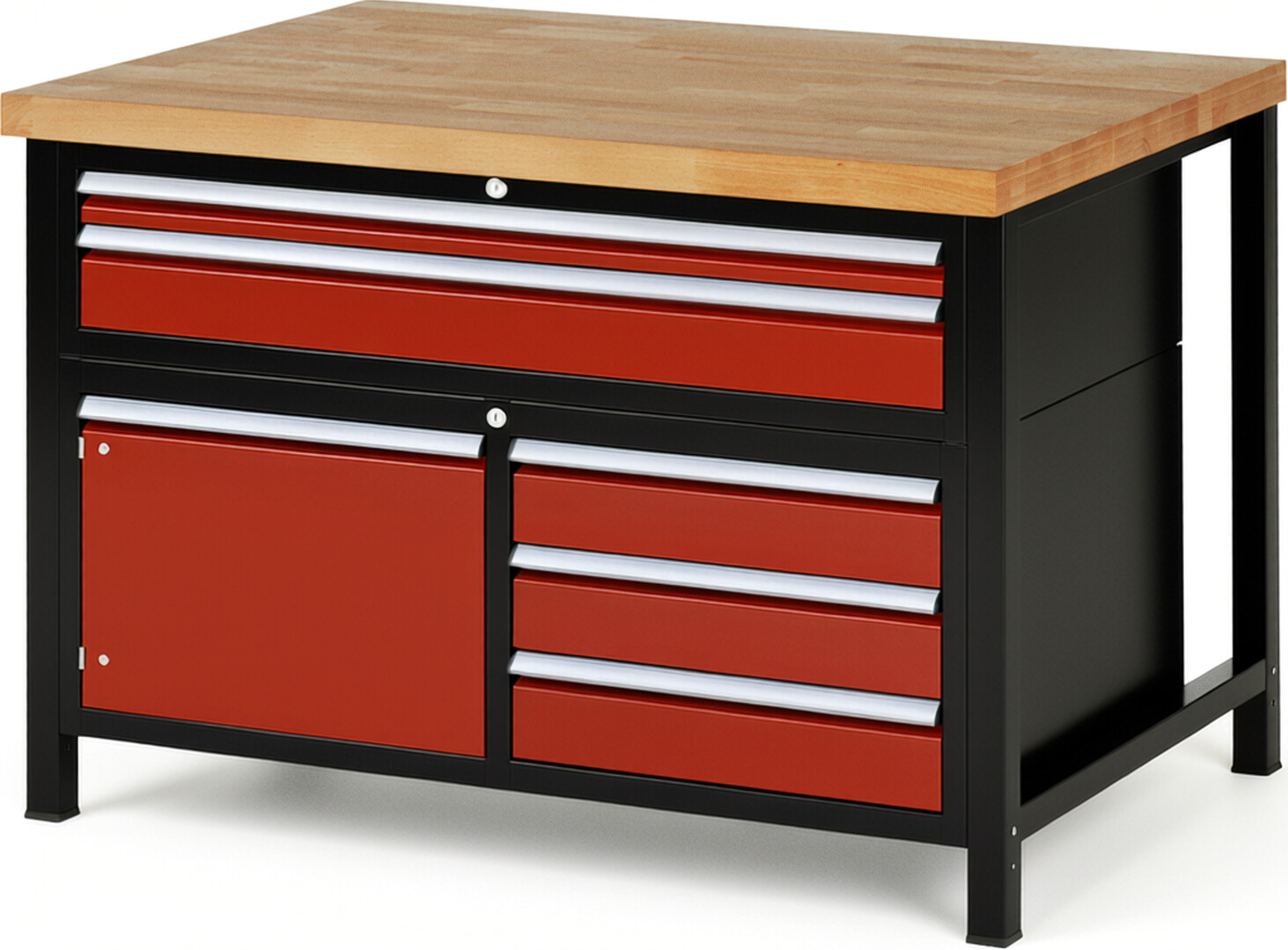 RAU Werkbank schwarz - rot - Breite 125 cm - Tiefe 90 cm - Höhe 104 cm - Buche-Massiv Arbeitsplatte 40 mm