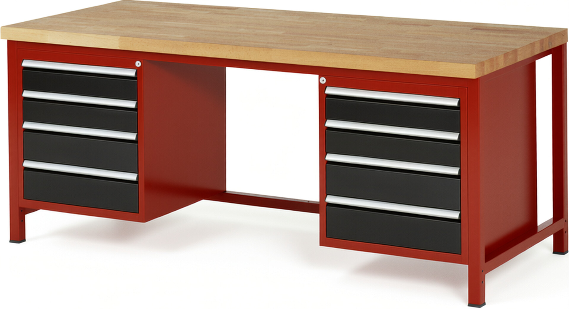 Werkbank Modell 8181 rot - schwarz, BxTxH 2000x900x840-1040 mm,  Buche-Massiv Arbeitsplatte 40 mm,  8 Schubladen mit  Auszug 90 %