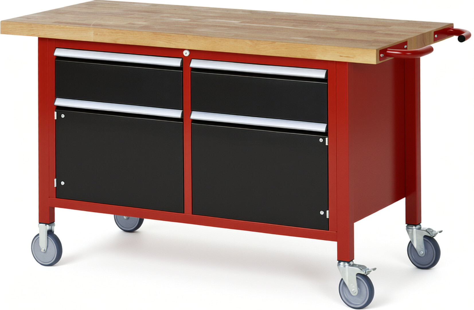 Fahrbare Werkbank Modell 8466 rot - schwarz, BxTxH 1500x700x880 mm,  Buche-Massiv Arbeitsplatte 40 mm,  2 Schubladen mit  Vollauszug 100 % und  SoftClosing