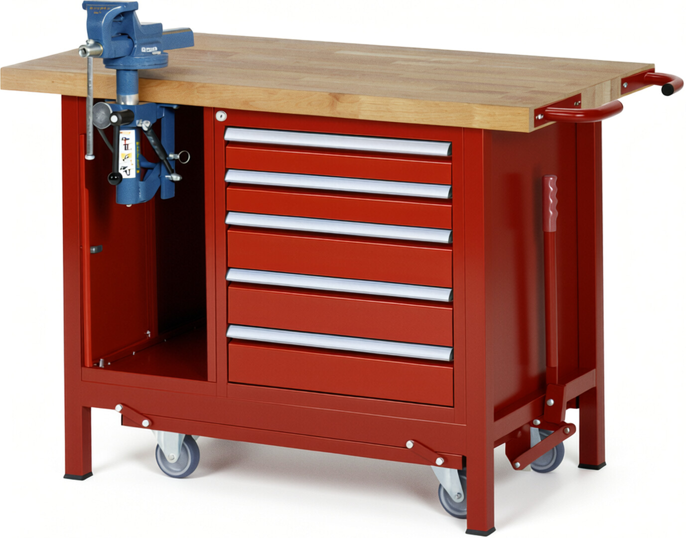 RAU Werkbank rot - Breite 125 cm - Tiefe 70 cm - Höhe 88 cm - Buche-Massiv Arbeitsplatte 40 mm