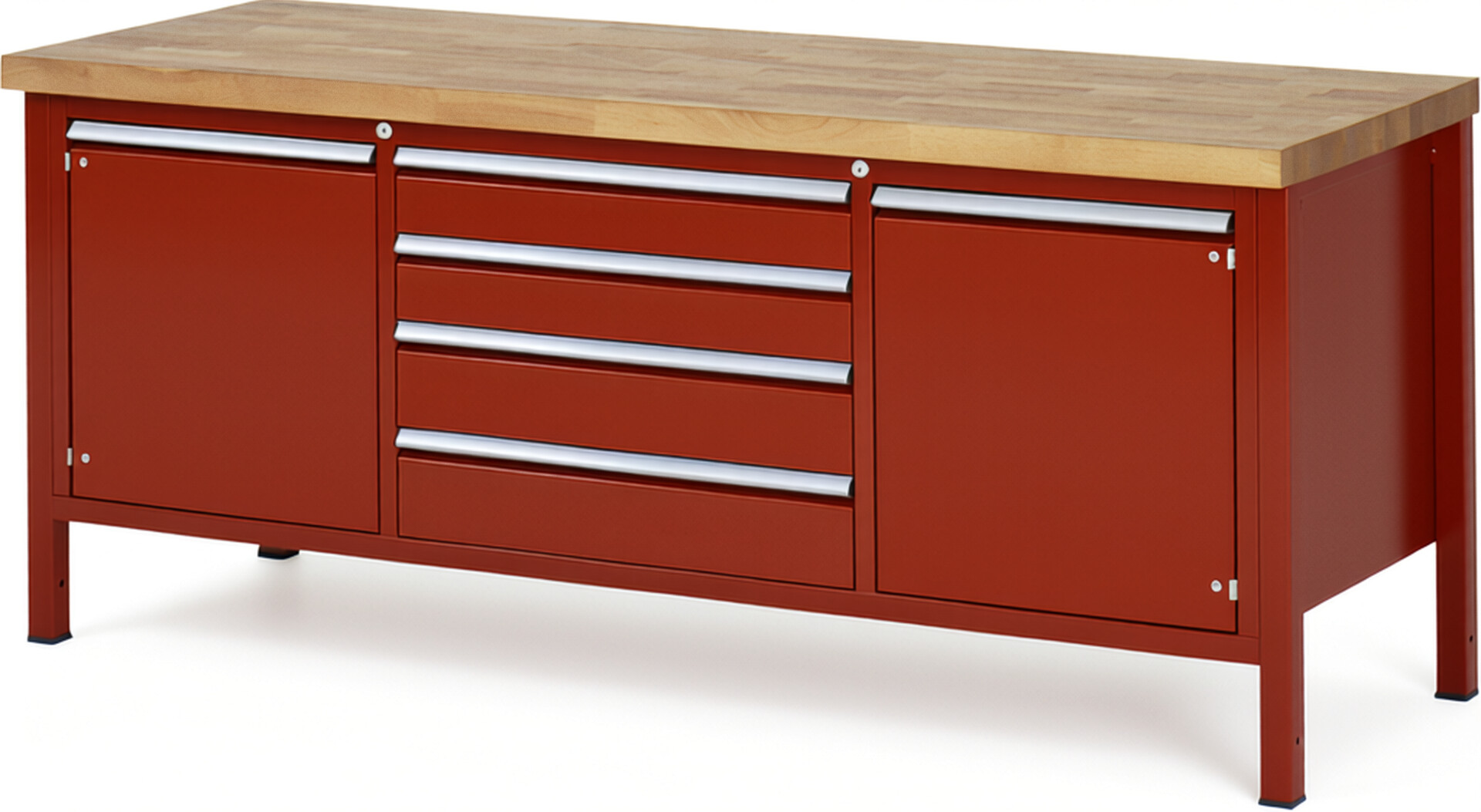 Werkbank Modell 8752 rot, BxTxH 2000x700x840 mm,  Buche-Massiv Arbeitsplatte 40 mm,  4 Schubladen mit  Vollauszug 100 % und  SoftClosing