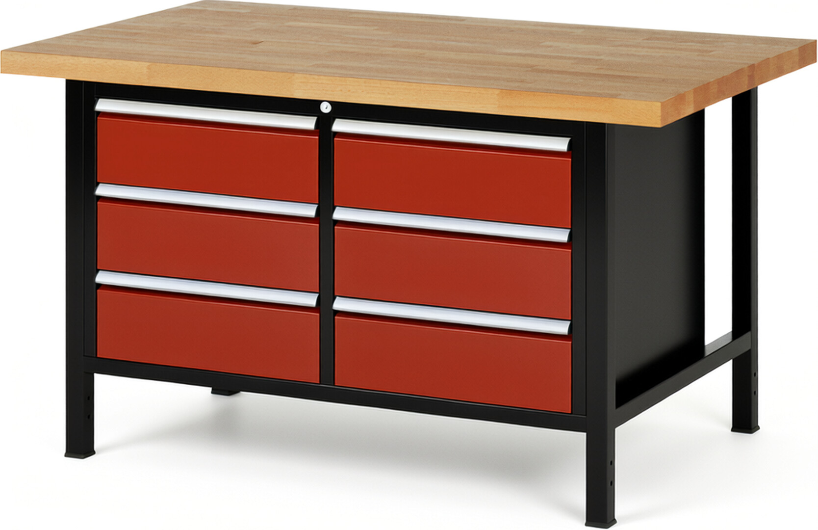 RAU Werkbank schwarz - rot - Breite 150 cm - Tiefe 90 cm - Höhe 84 cm - Buche-Massiv Arbeitsplatte 40 mm