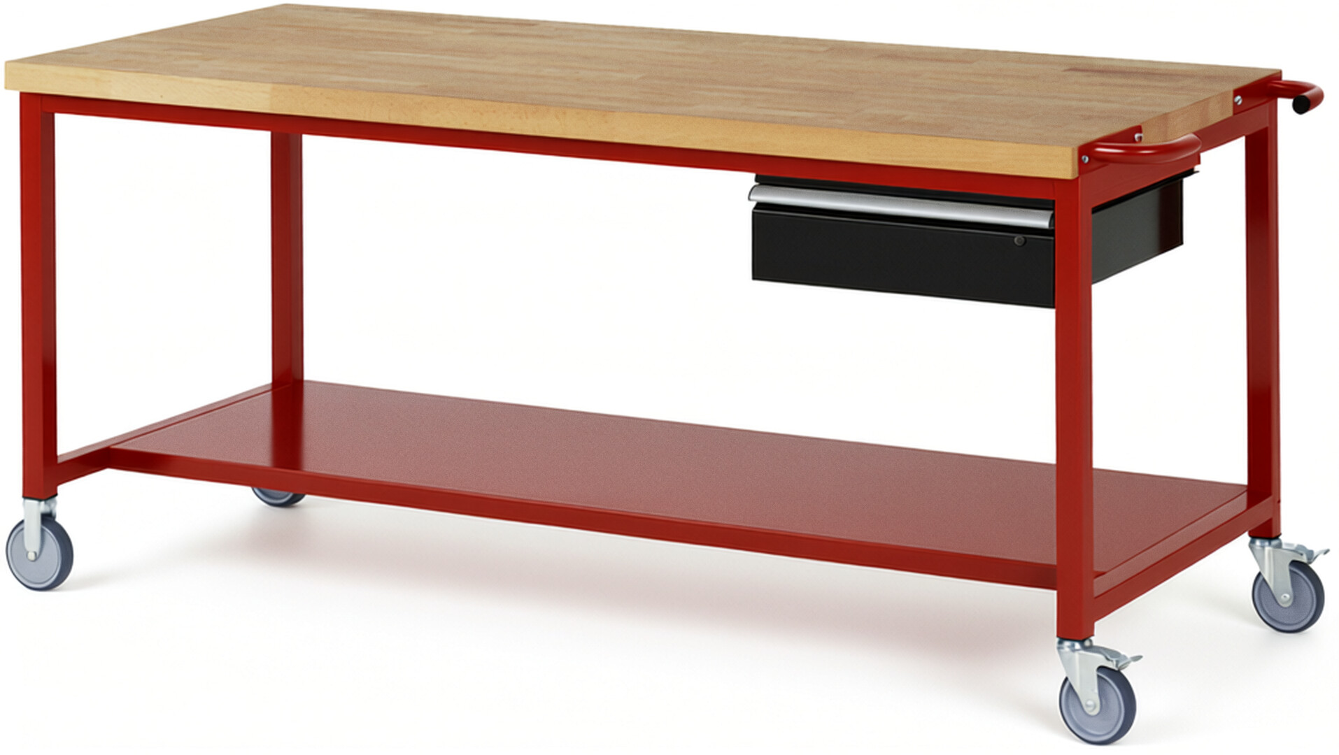 Fahrbare Werkbank Modell 8001 rot - schwarz, BxTxH 2000x900x880-1080 mm,  Buche-Massiv Arbeitsplatte 40 mm,  1 Schublade mit  Auszug 90 %