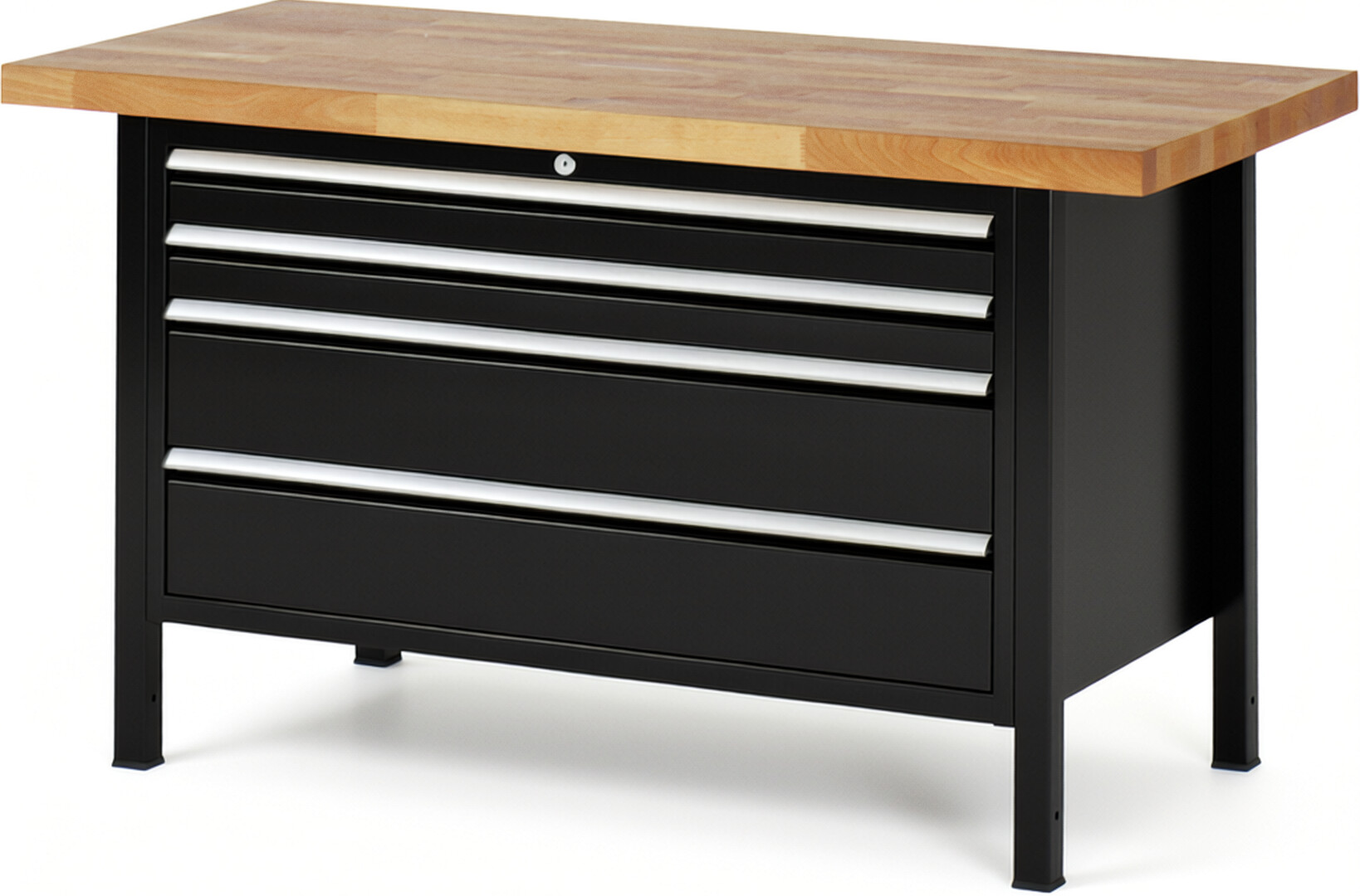 Werkbank Modell 8361 schwarz, BxTxH 1500x700x840 mm,  Buche-Massiv Arbeitsplatte 40 mm,  4 Schubladen mit  Vollauszug 100 % und  SoftClosing