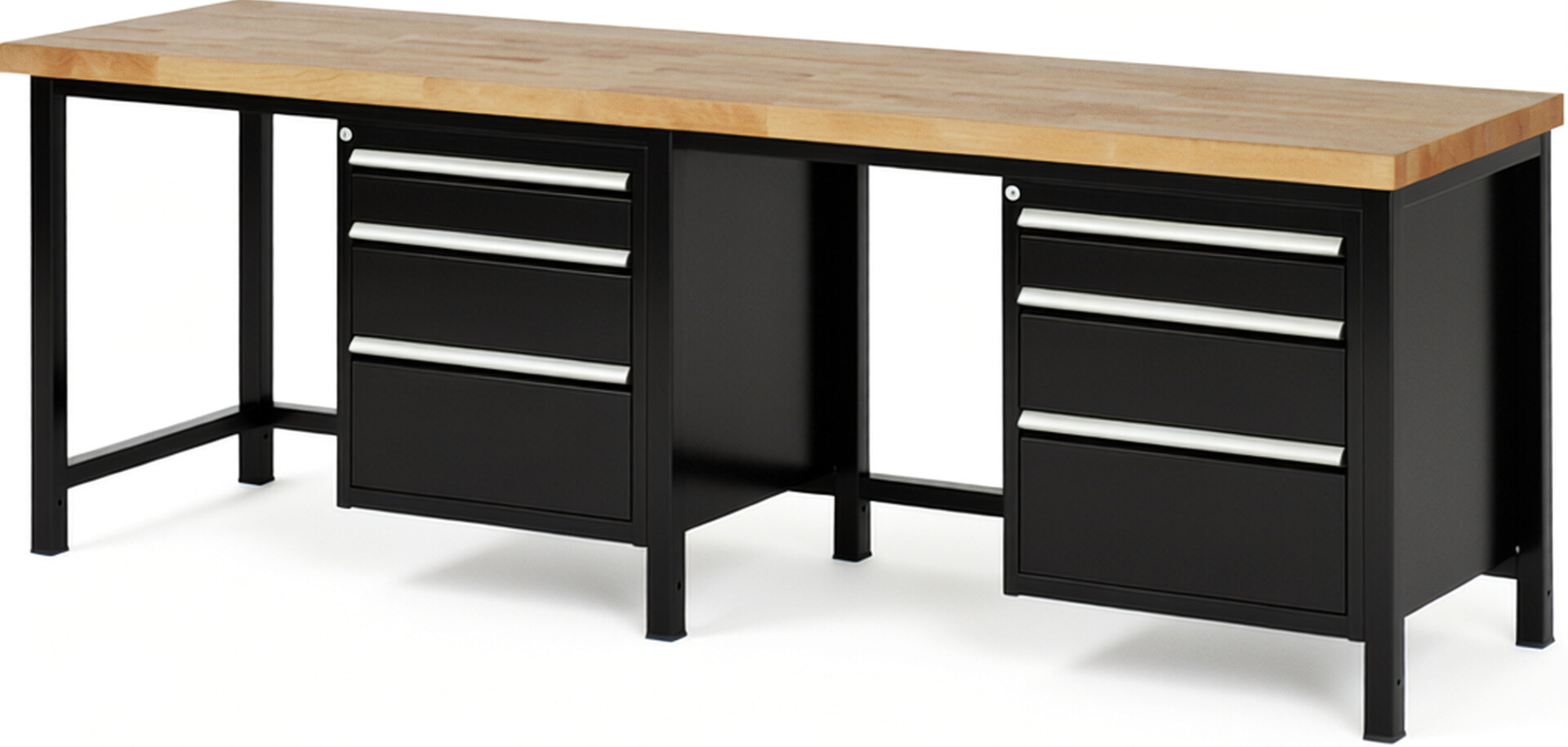 Werkbank Modell 8159 schwarz, BxTxH 2500x700x840-1040 mm,  Buche-Massiv Arbeitsplatte 40 mm,  6 Schubladen mit  Auszug 90 %