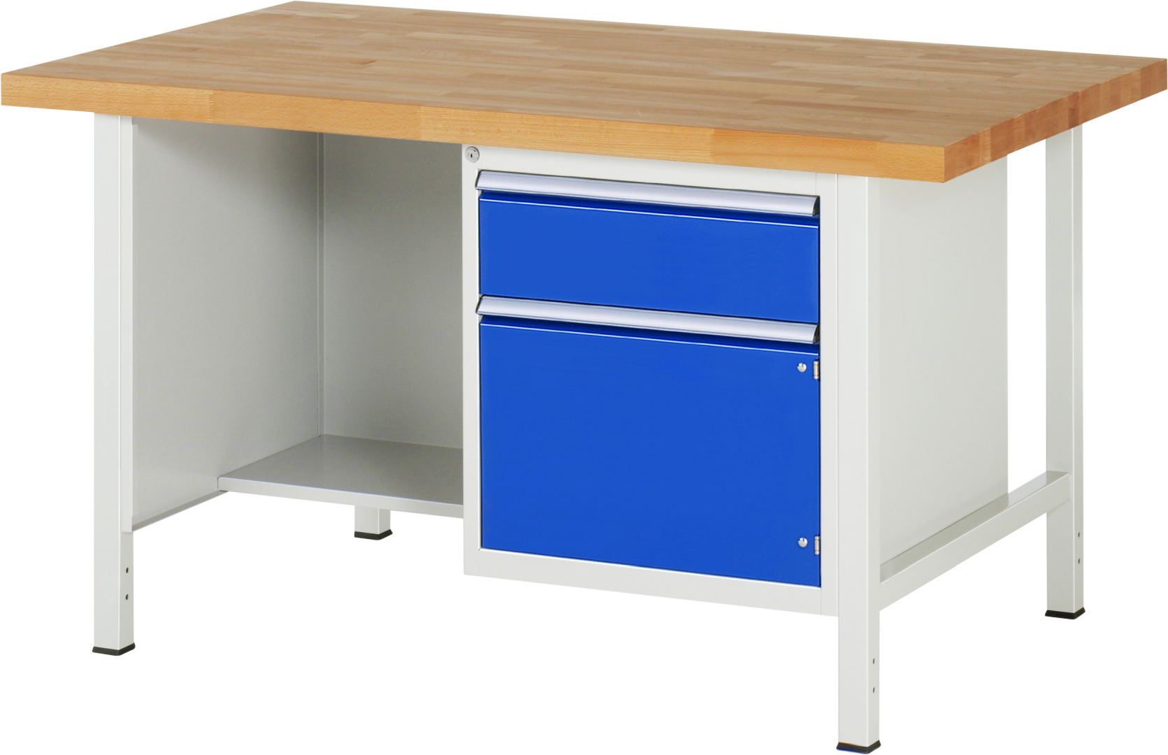 Werkbank Modell 8455,  BxTxH 1500x900x840-1040 mm,  Buche-Massiv Arbeitsplatte 40 mm,  1 Schublade mit  Vollauszug 100 % und  SoftClosing