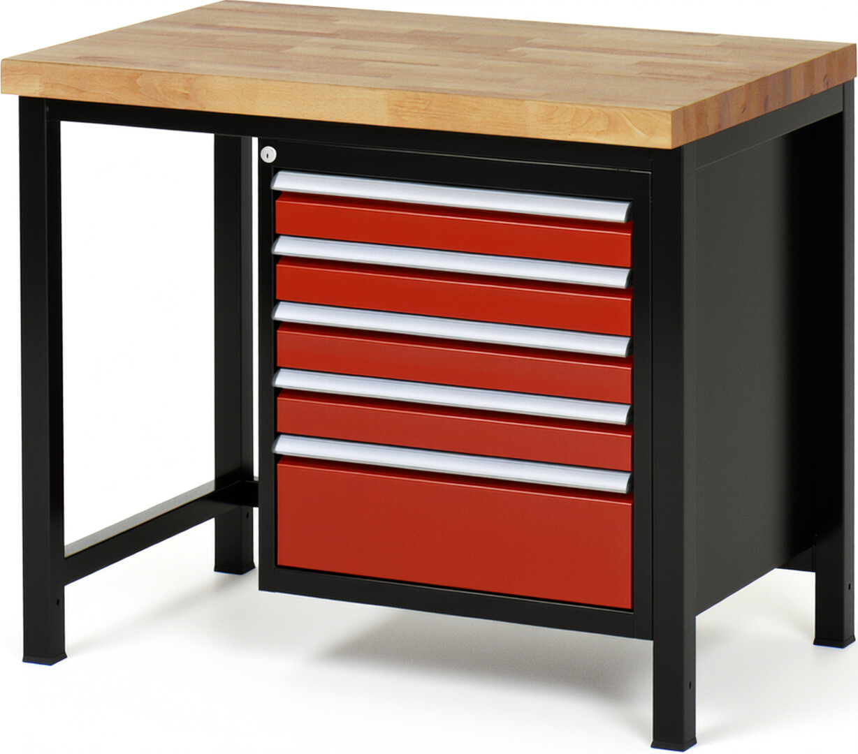 Werkbank Modell 8168 schwarz-rot, BxTxH 1000x700x840 mm,  Buche-Massiv Arbeitsplatte 40 mm,  5 Schubladen mit  Vollauszug 100 % und  SoftClosing