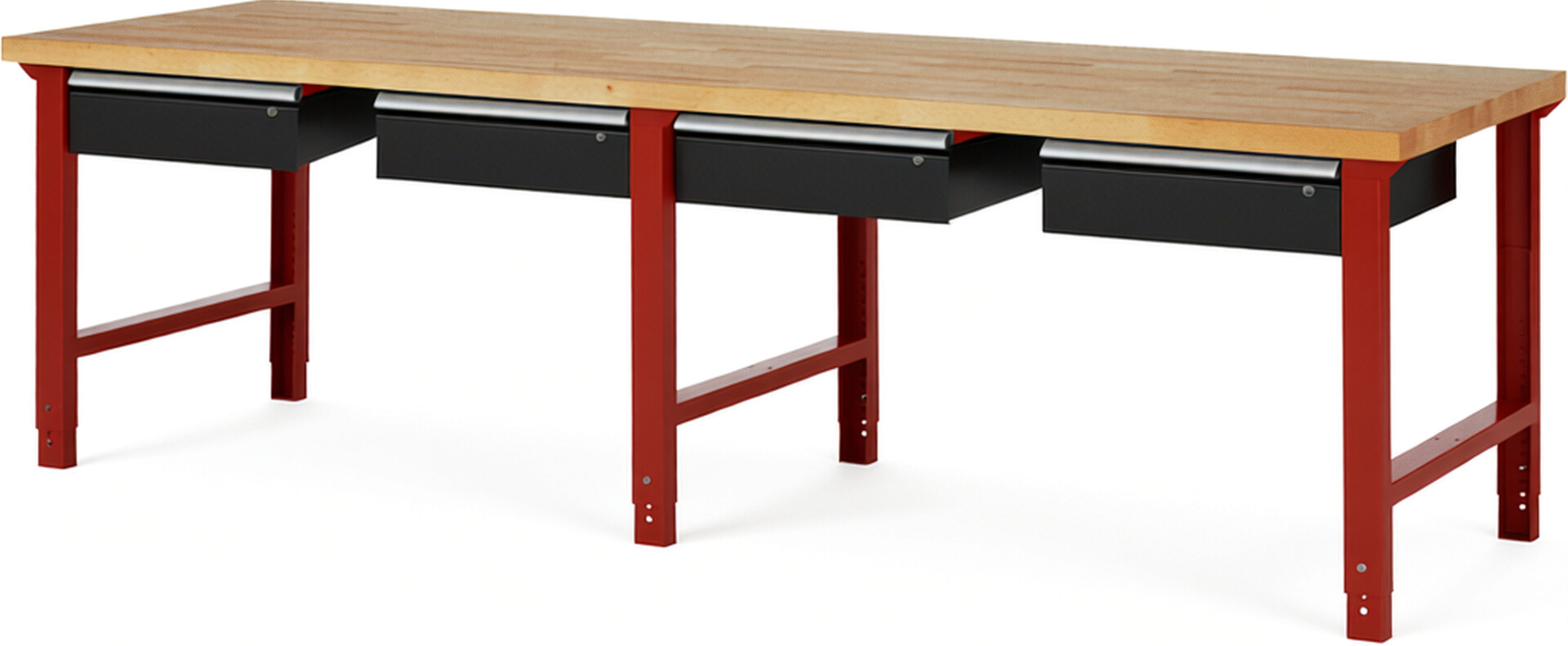 Werkbank Modell 7002 rot - schwarz, BxTxH 3000x900x790-1140 mm,  Buche-Massiv Arbeitsplatte 40 mm,  4 Schubladen mit  Auszug 90 %