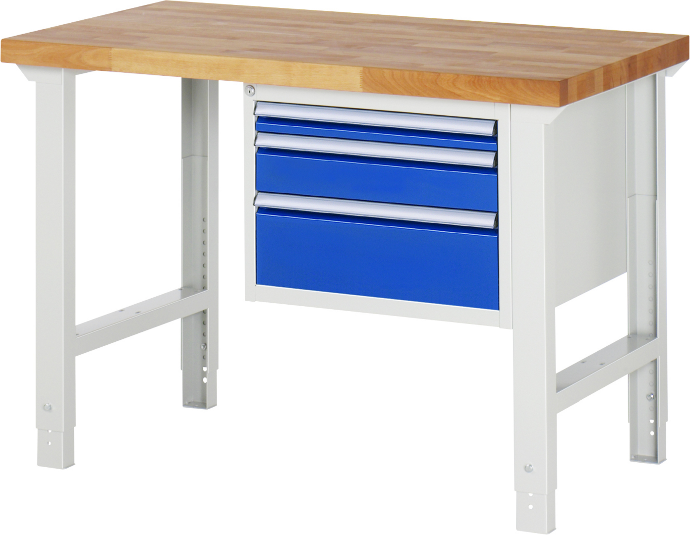 Werkbank Modell 7126 rot - schwarz, BxTxH 1250x700x790-1140 mm,  Buche-Massiv Arbeitsplatte 40 mm,  3 Schubladen mit  Vollauszug 100 % und  SoftClosing