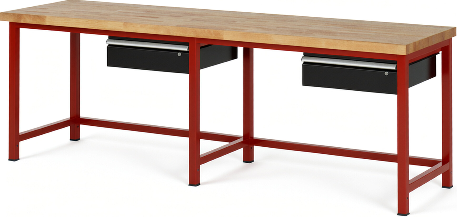 Werkbank Modell 8001 rot - schwarz, BxTxH 2500x700x840-1040 mm,  Buche-Massiv Arbeitsplatte 40 mm,  2 Schubladen mit  Auszug 90 %