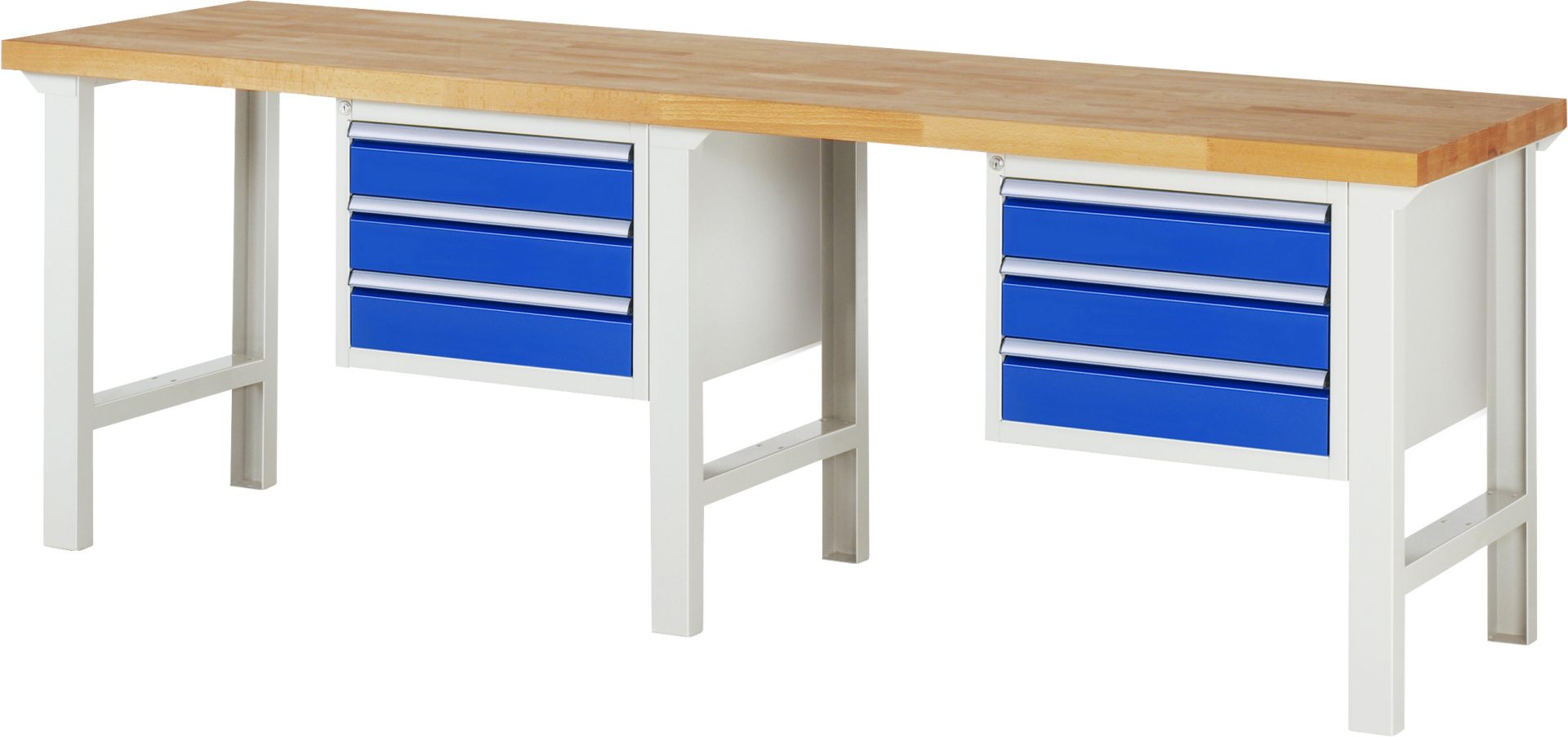 Werkbank Modell 7127 schwarz, BxTxH 2500x700x840 mm,  Buche-Massiv Arbeitsplatte 40 mm,  6 Schubladen mit  Vollauszug 100 % und  SoftClosing