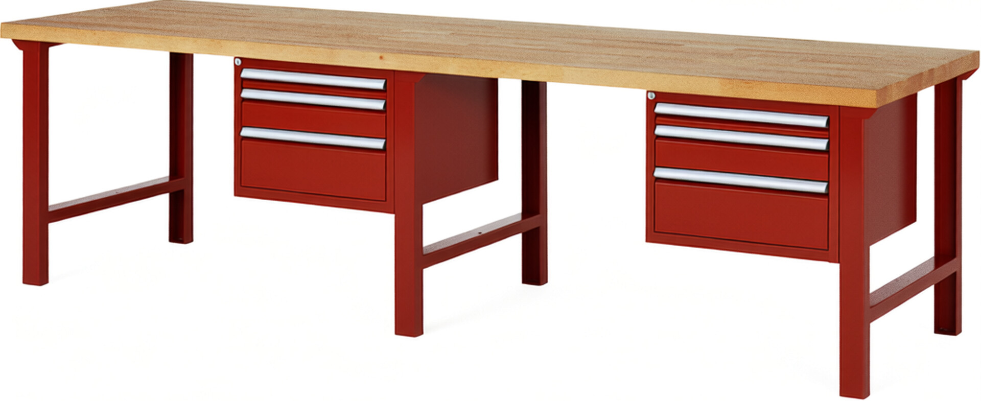 RAU Werkbank rot - Breite 300 cm - Tiefe 90 cm - Höhe 84 cm - Buche-Massiv Arbeitsplatte 40 mm
