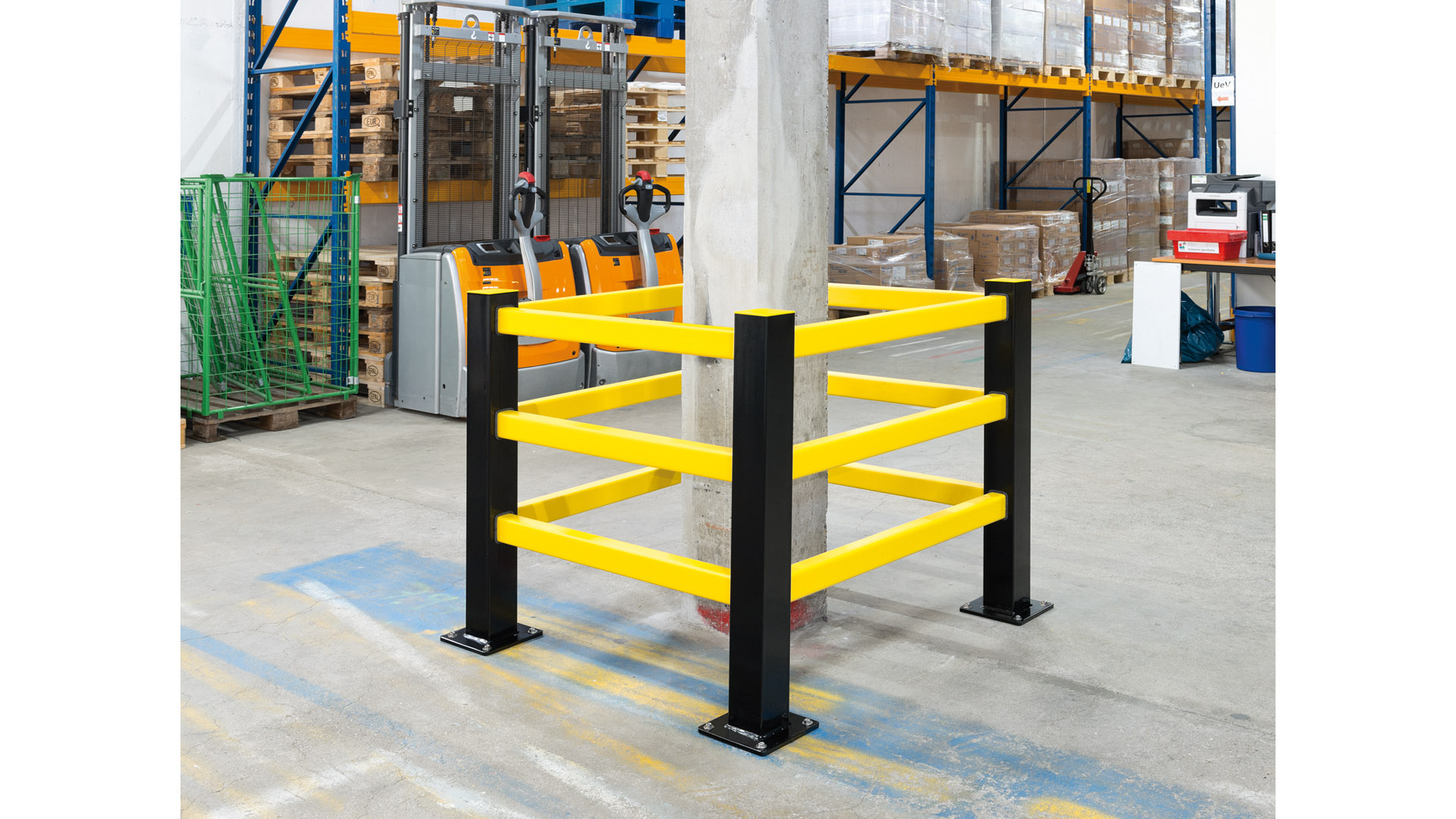 Säulenschutz, Hybrid-Geländer, 4 Stahlpfosten und 12 Kunststoffbalken, für Rechtecksäulen von 200-700 mm, schwarz/gelb