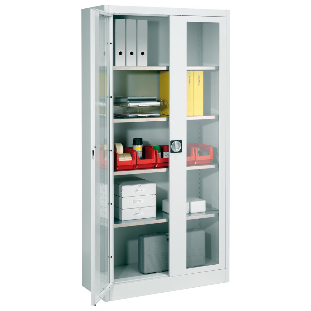 Flügeltürenschrank mit Sichtfenster, leer, BxTxH 950x420x1950 mm, 4 Böden, RAL 7035/7035