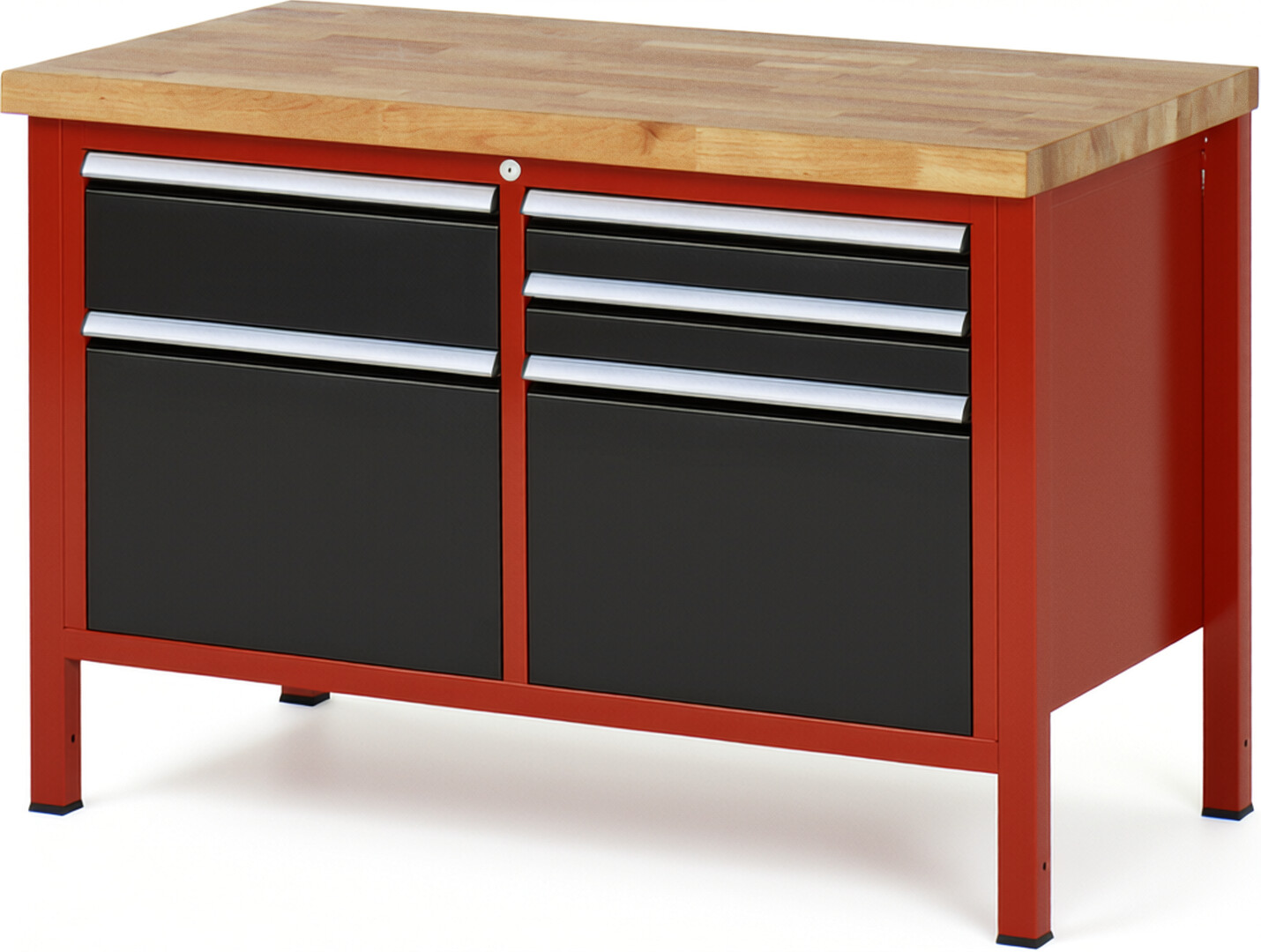 Werkbank Modell 8472 rot - schwarz, BxTxH 1250x700x840-1040 mm,  Buche-Massiv Arbeitsplatte 40 mm,  5 Schubladen mit  Vollauszug 100 % und  SoftClosing