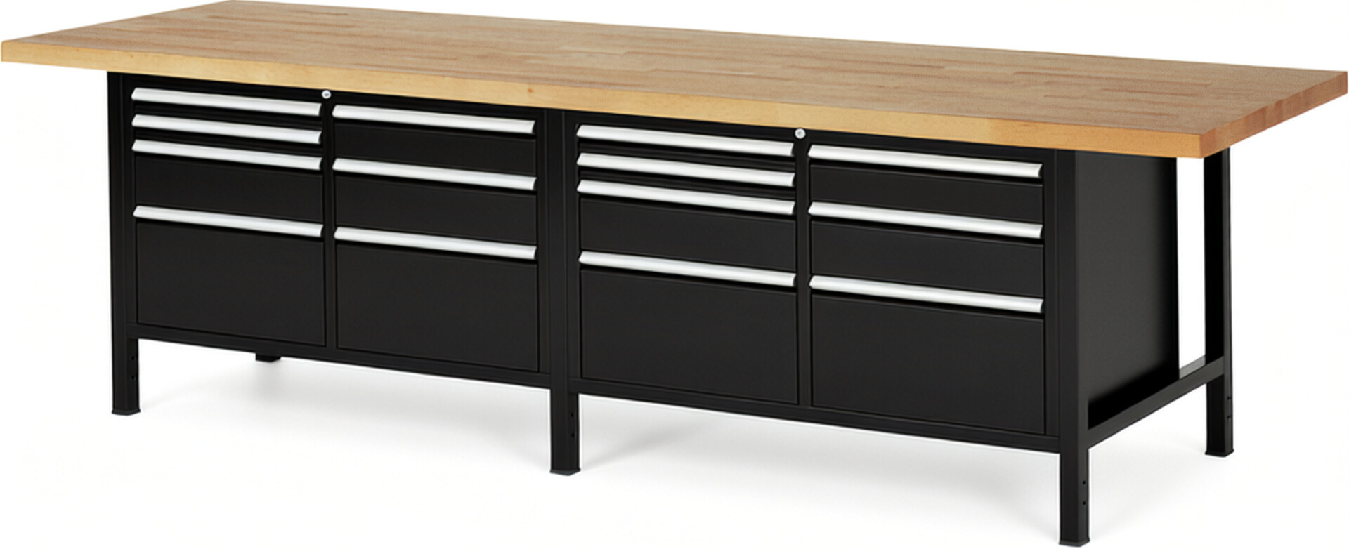 Werkbank Modell 8476 schwarz, BxTxH 3000x900x840 mm,  Buche-Massiv Arbeitsplatte 40 mm,  14 Schubladen mit  Auszug 90 %
