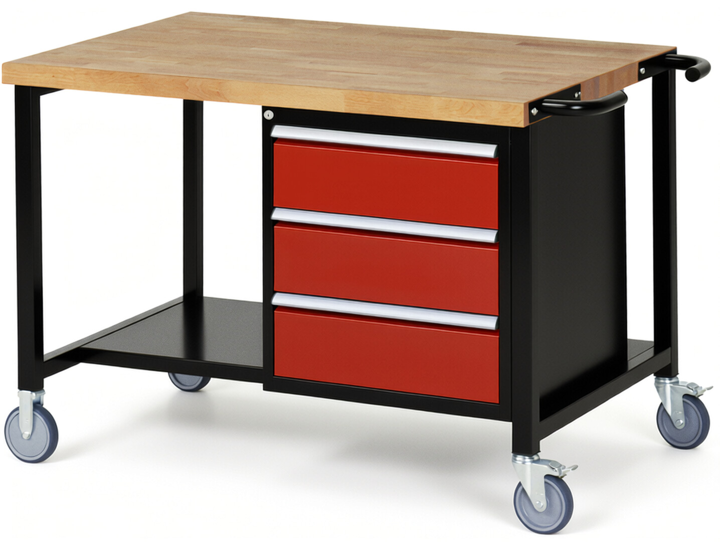 Fahrbare Werkbank Modell 8157 schwarz-rot, BxTxH 1250x900x880 mm,  Buche-Massiv Arbeitsplatte 40 mm,  3 Schubladen mit  Vollauszug 100 % und  SoftClosing