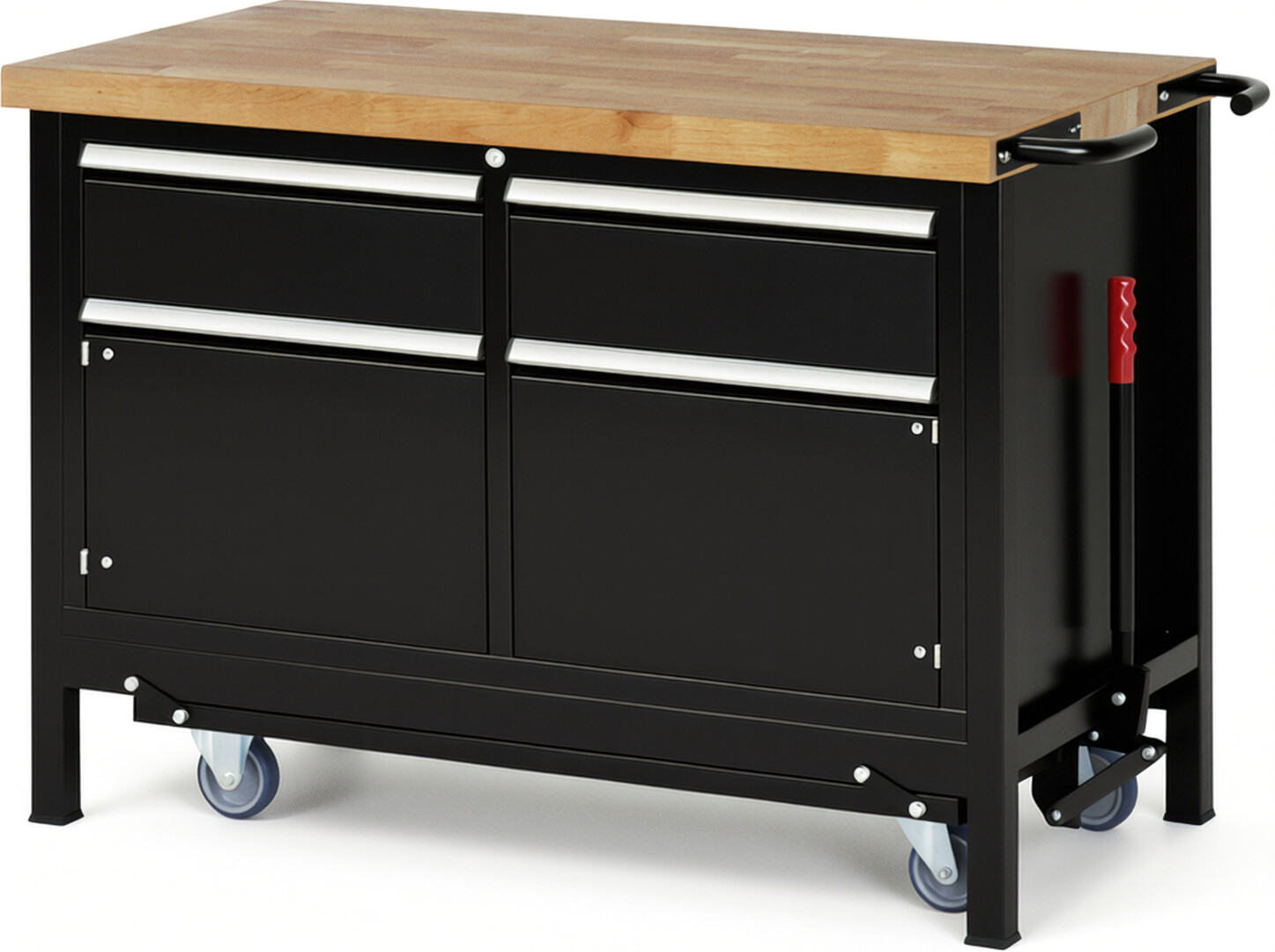 Absenkbare Werkbank Modell 8466 schwarz, BxTxH 1250x700x880 mm,  Buche-Massiv Arbeitsplatte 40 mm,  2 Schubladen mit  Vollauszug 100 % und  SoftClosing