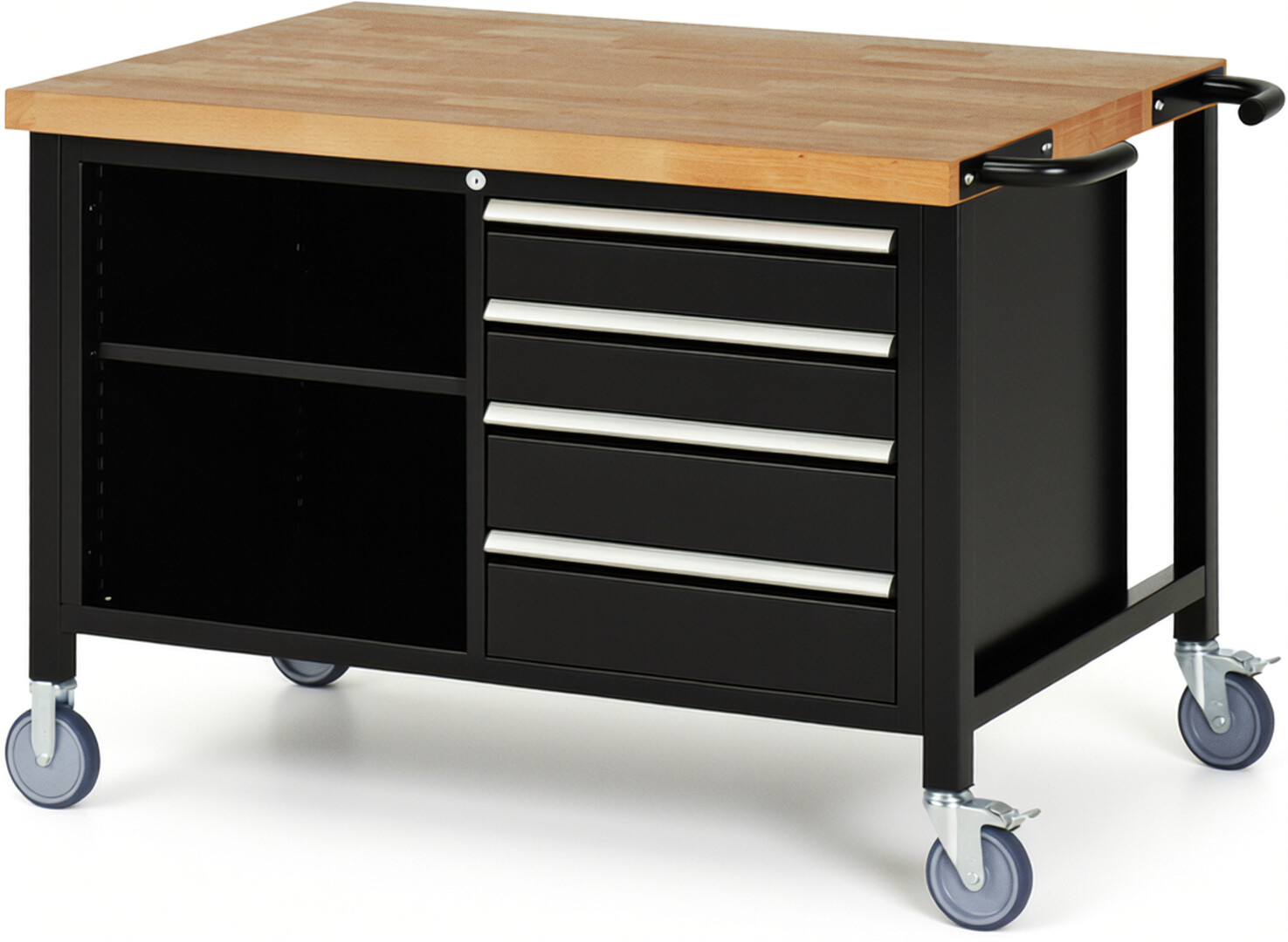 RAU Werkbank schwarz - Breite 125 cm - Tiefe 90 cm - Höhe 88 cm - Buche-Massiv Arbeitsplatte 40 mm