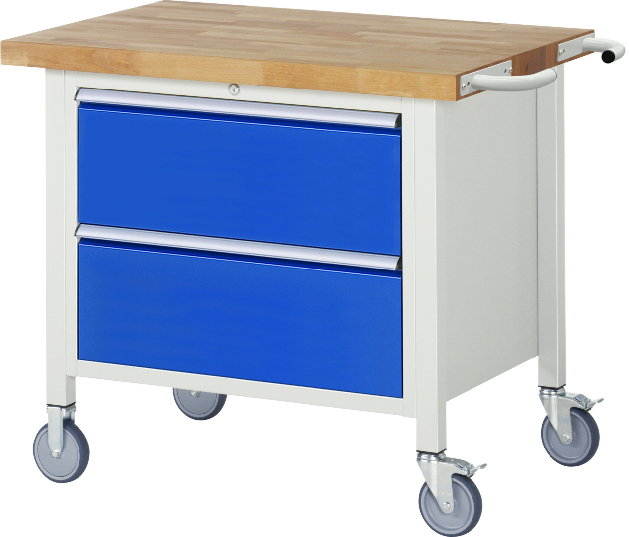 Fahrbare Werkbank Modell 8255,  BxTxH 1000x700x880-1080 mm,  Buche-Massiv Arbeitsplatte 40 mm,  2 Schubladen mit  Vollauszug 100 % und  SoftClosing