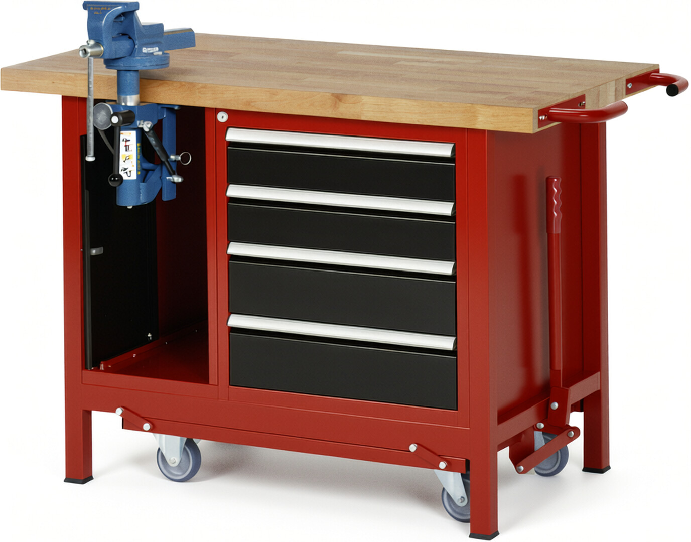 Absenkbare Werkbank Modell 8185 rot - schwarz, BxTxH 1250x700x880 mm,  Buche-Massiv Arbeitsplatte 40 mm,  4 Schubladen mit  Auszug 90 %