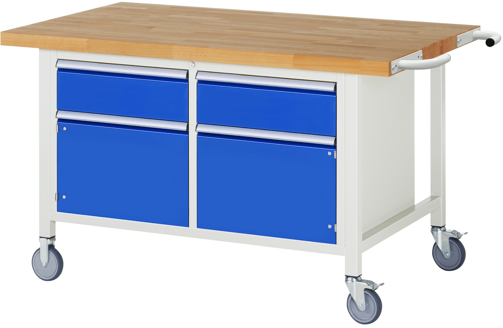 Fahrbare Werkbank Modell 8466,  BxTxH 1500x900x880 mm,  Buche-Massiv Arbeitsplatte 40 mm,  2 Schubladen mit  Vollauszug 100 % und  SoftClosing