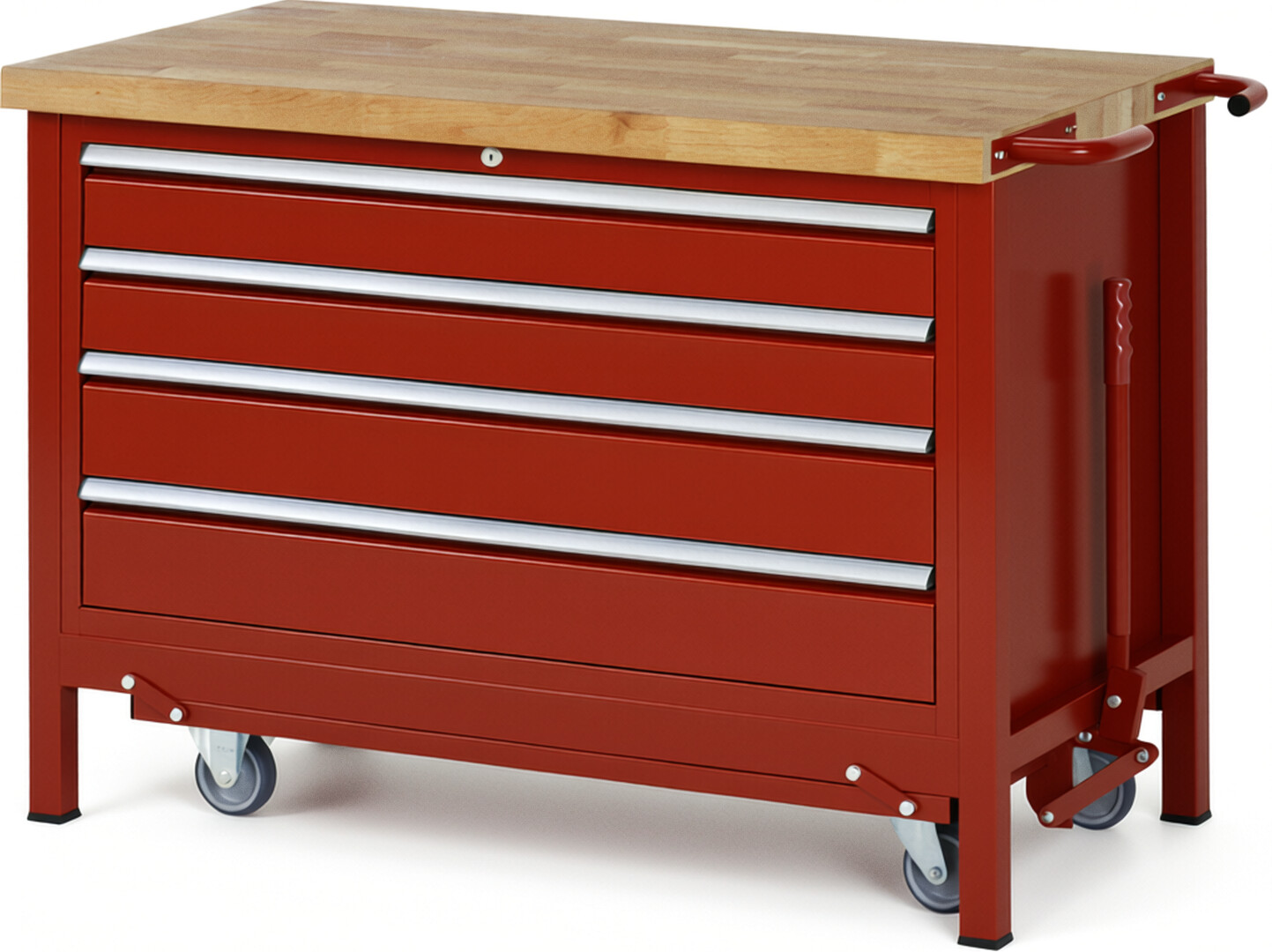 Absenkbare Werkbank Modell 8362 rot, BxTxH 1250x700x880 mm,  Buche-Massiv Arbeitsplatte 40 mm,  4 Schubladen mit  Auszug 90 %