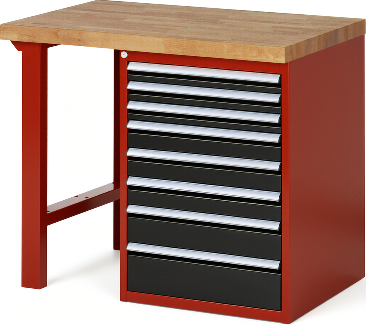 Werkbank Modell 7519 rot - schwarz, BxTxH 1000x700x890 mm,  Buche-Massiv Arbeitsplatte 40 mm,  8 Schubladen mit  Vollauszug 100 % und  SoftClosing